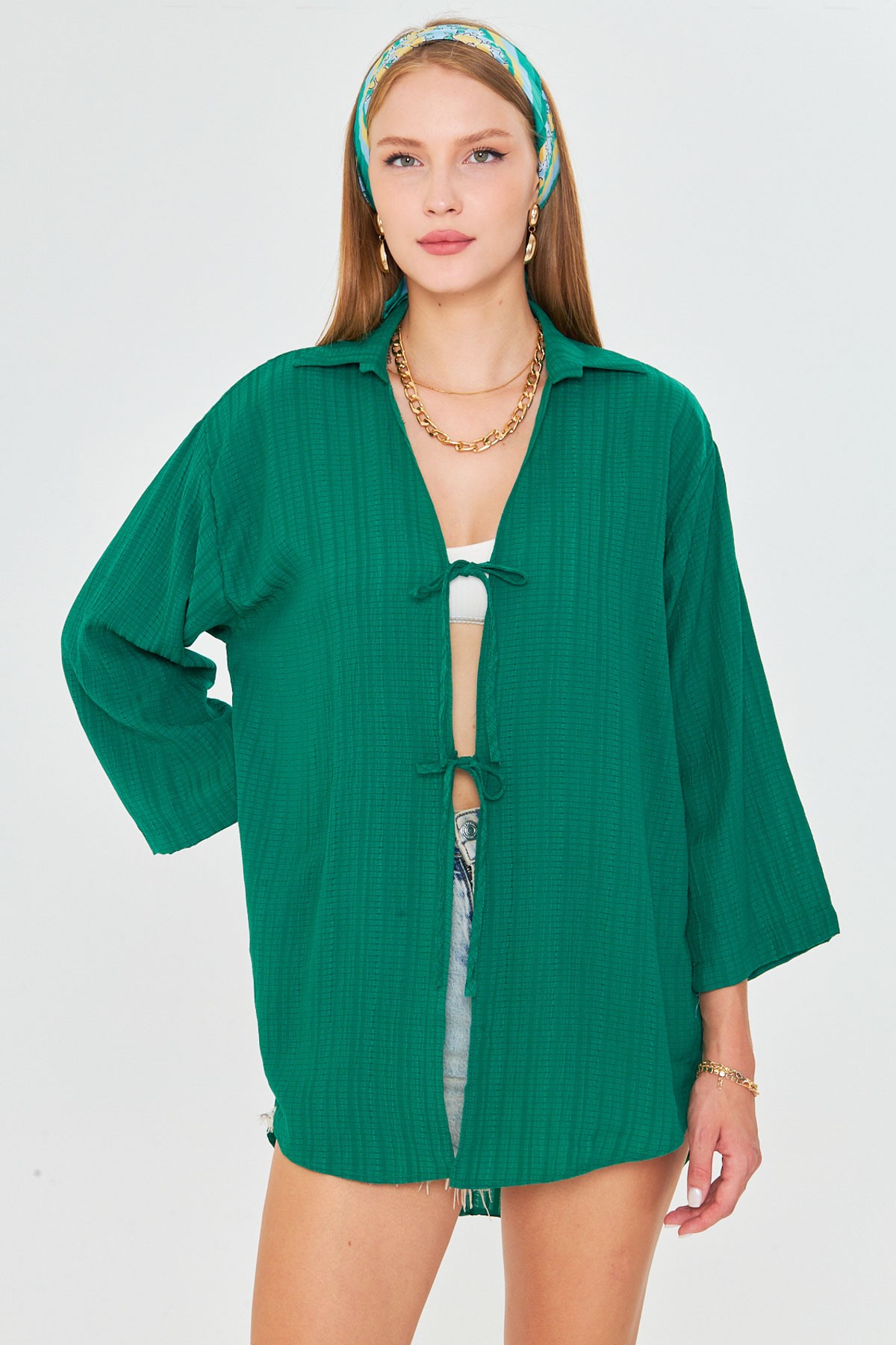 Kadın Koyu Yeşil Gömlek Yakalı Önden Bağcıklı Kimono Gömlek ARM-25K001006