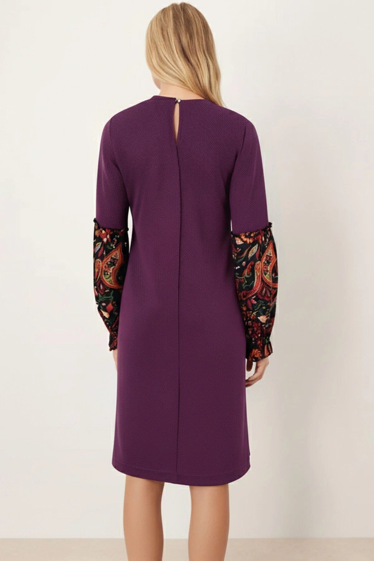 Kadın Mor Desenli Balon Kol Elbise ARM-26K001051