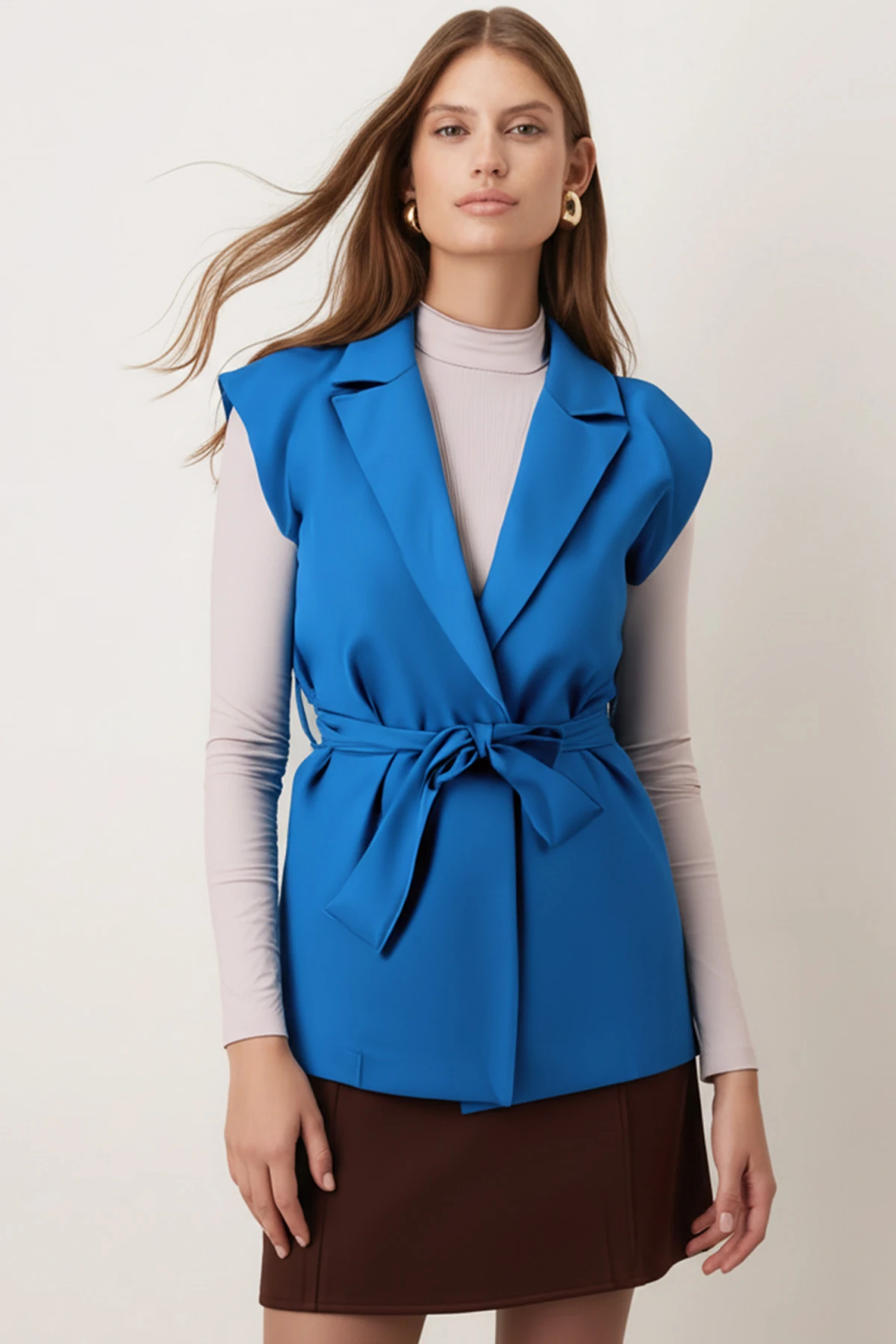 Kadın Mavi Erkek Yaka Beli Kuşaklı Keten Görünümlü Yelek ARM-25Y001079