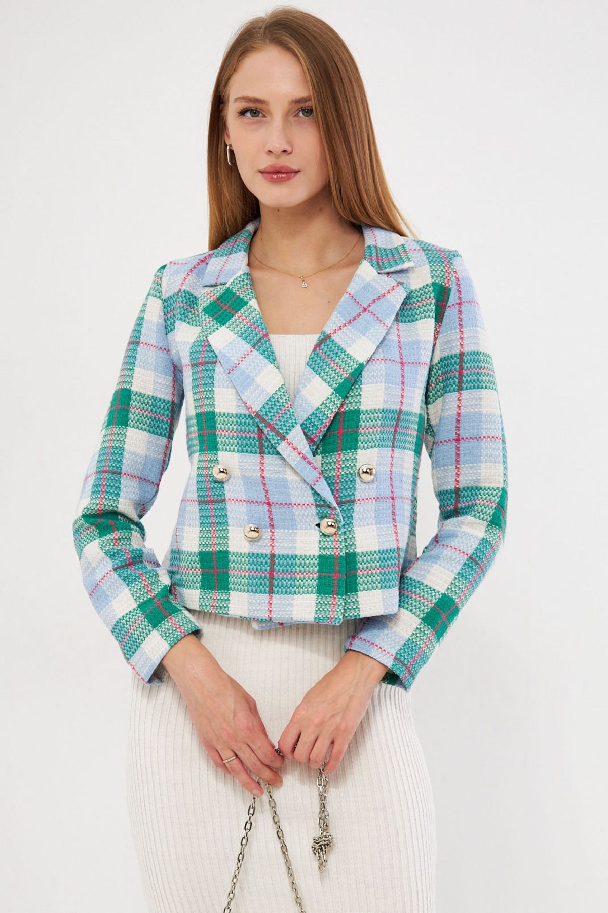 Kadın Yeşil-Mavi Kruvaze Yaka Tüvit Crop Ceket ARM-24K001014
