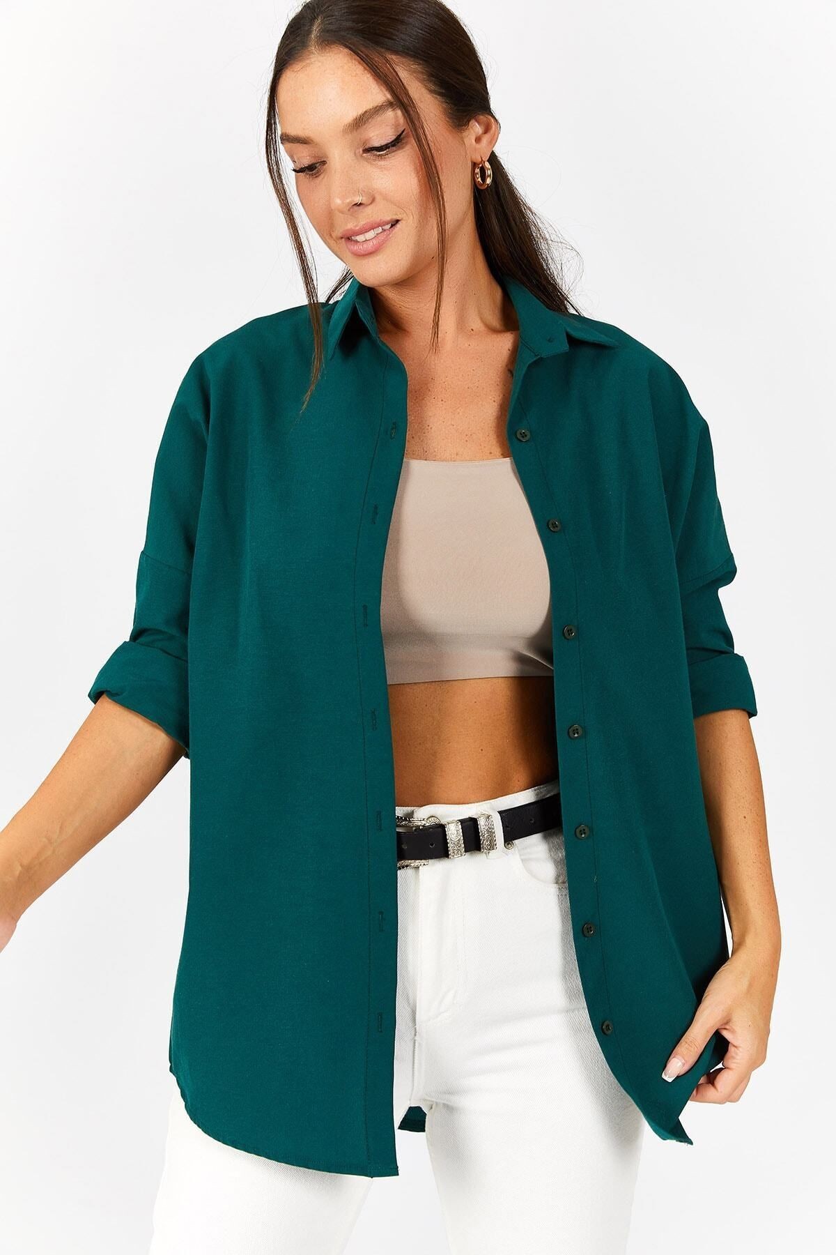 Kadın Koyu Yeşil Oversize Uzun Basic Gömlek ARM-22Y001118