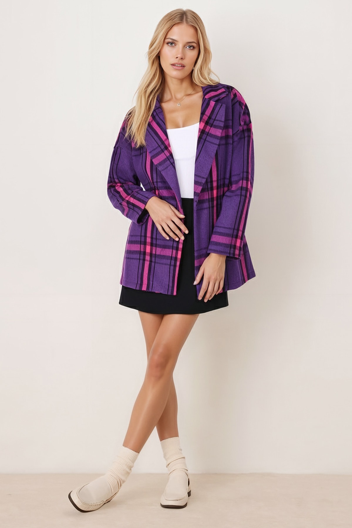 Kadın Mor Erkek Yaka Yanları Yırtmaçlı Oversize Ceket ARM-26K001009