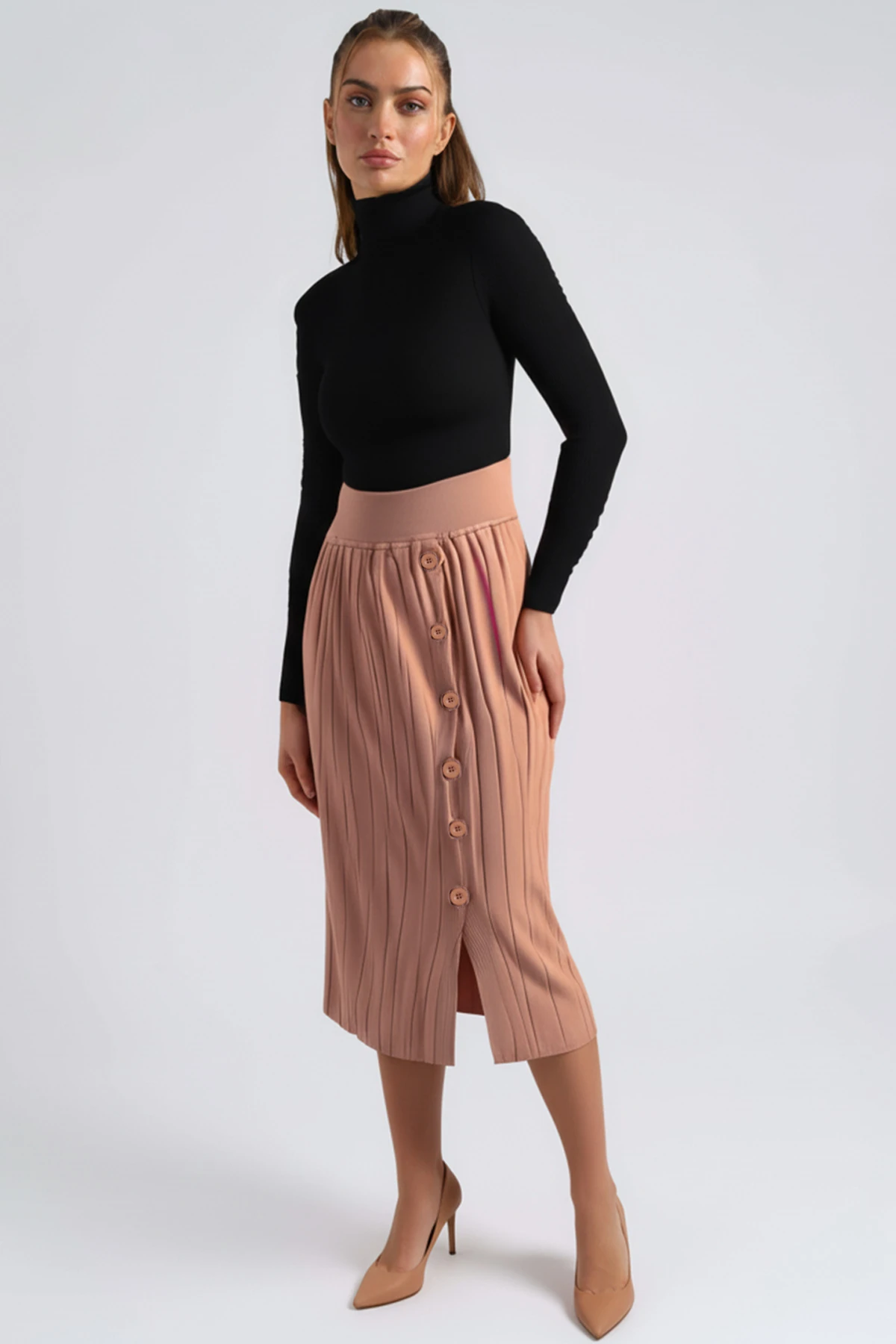 Kadın Camel Yandan Düğme Detaylı Triko Etek ARM-26K136021