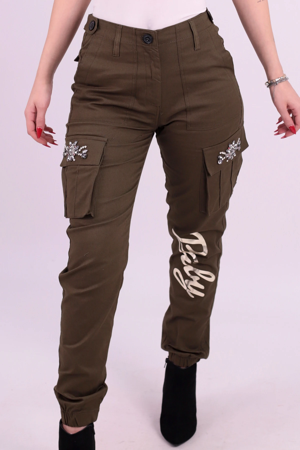 Kadın Haki Cepleri Taş Detaylı Kargo Cep Pantolon ARM-26K136020