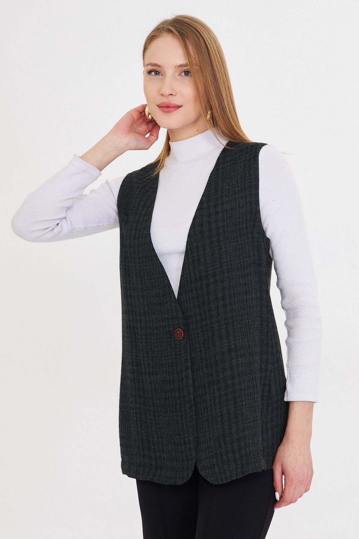 Kadın Haki V Yaka Tek Düğmeli Oversize Desenli Yelek ARM-25K001110