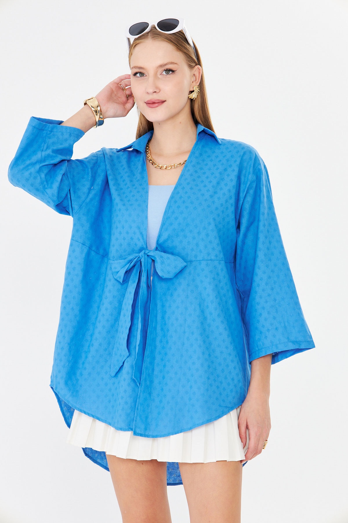 Kadın Mavi Önden Bağlamalı Kimono Gömlek ARM-25Y001108
