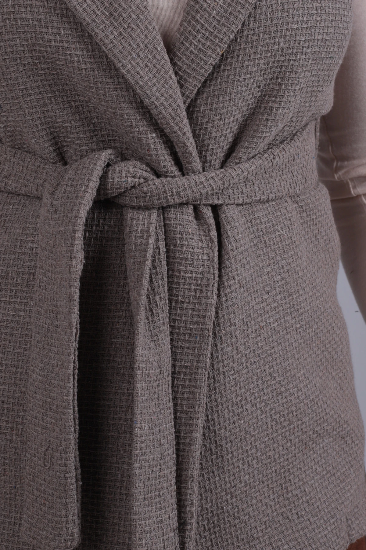 Kadın Vizon Erkek Yaka Beli Kuşaklı Keten Görünümlü Yelek ARM-26K001055