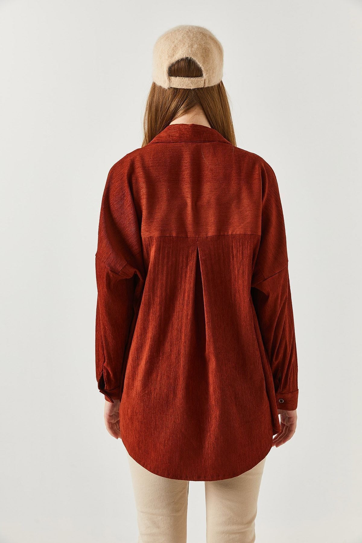 Kadın Kiremit Cepli Oversize Kadife Uzun Basic Gömlek ARM-22Y001193