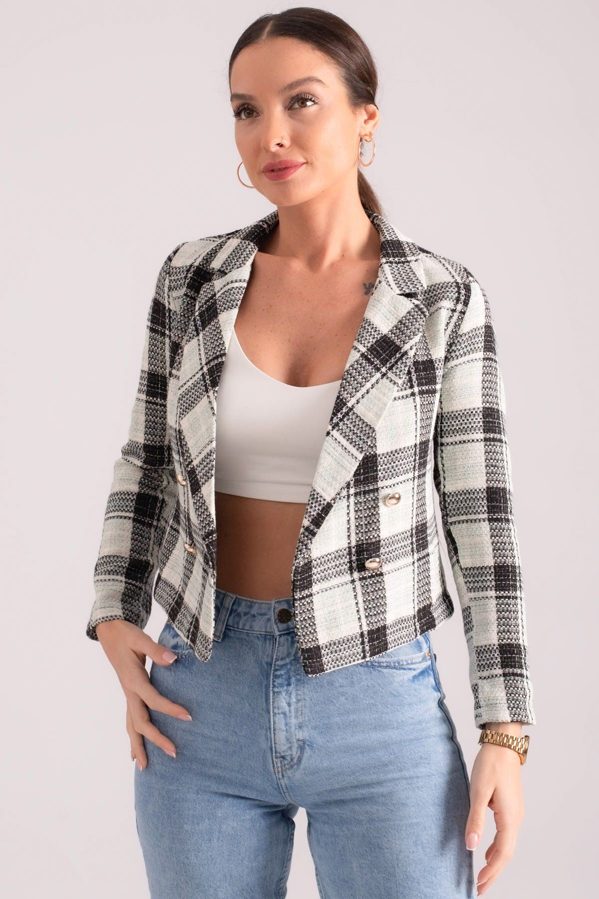 Kadın Açık Mint Kruvaze Yaka Tüvit Crop Ceket ARM-24K001014