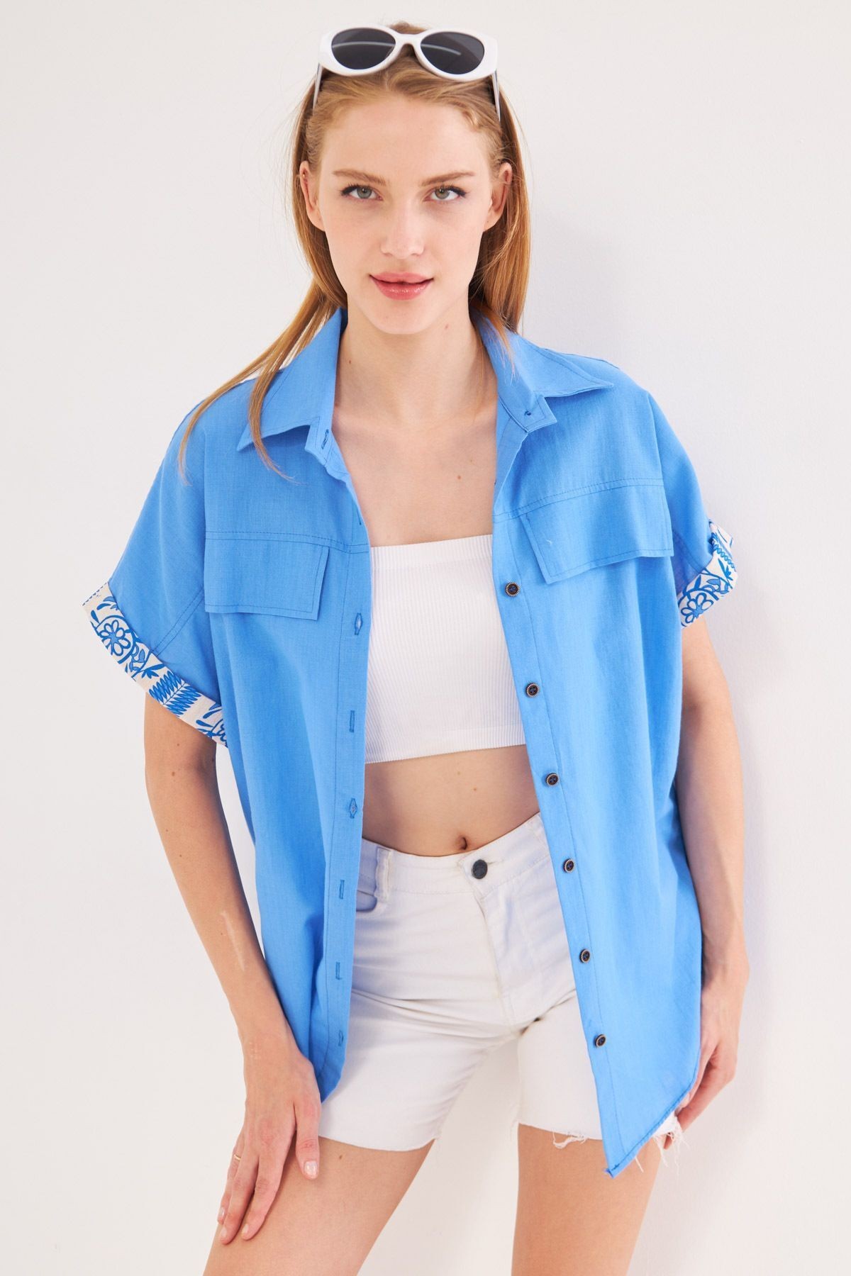 Kadın Bebe Mavi Oversize Duble Kol Detaylı Gömlek ARM-24Y001075