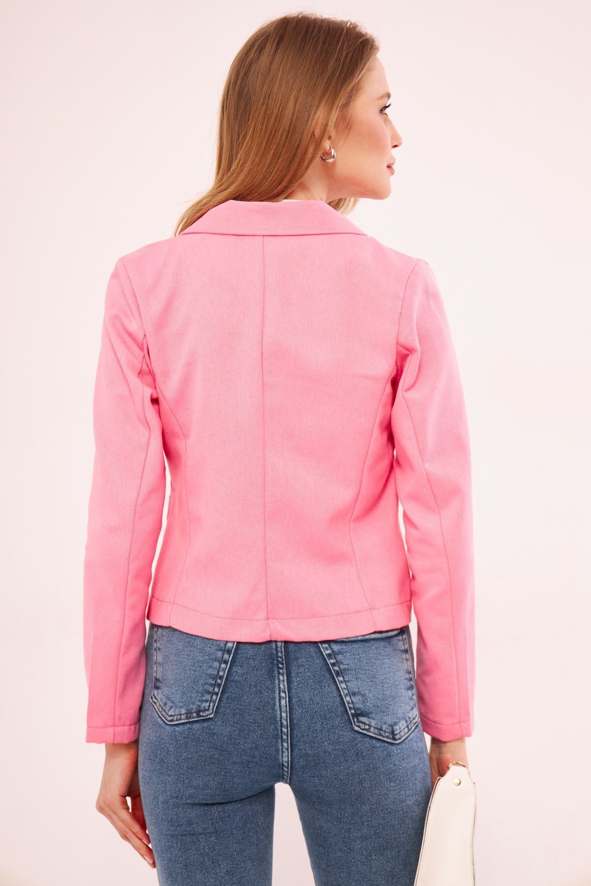Kadın Pembe Kruvaze Yaka Gabardin Crop Ceket ARM-24Y001010
