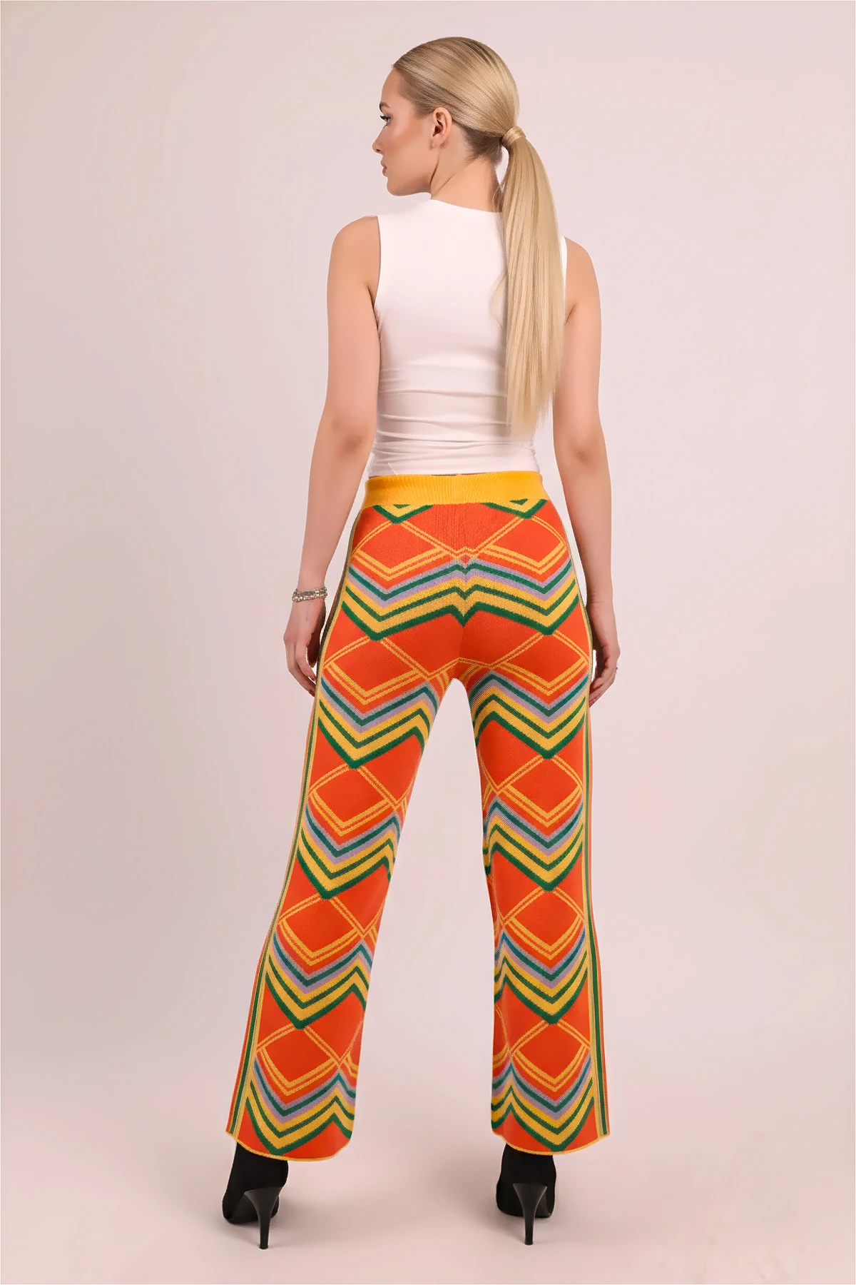 Kadın Sarı Beli Bağlamalı Renkli Triko Pantolon ARM-26K136022