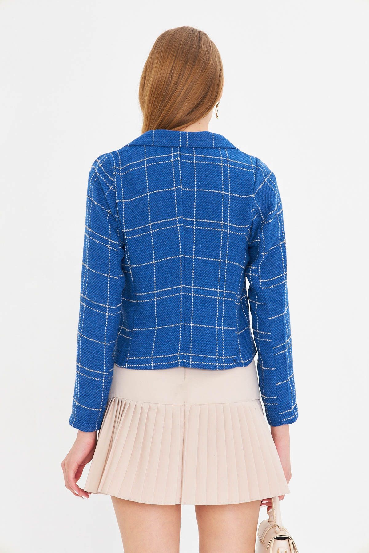 Kadın Saks-Bej Kruvaze Yaka Tüvit Crop Ceket ARM-24K001014