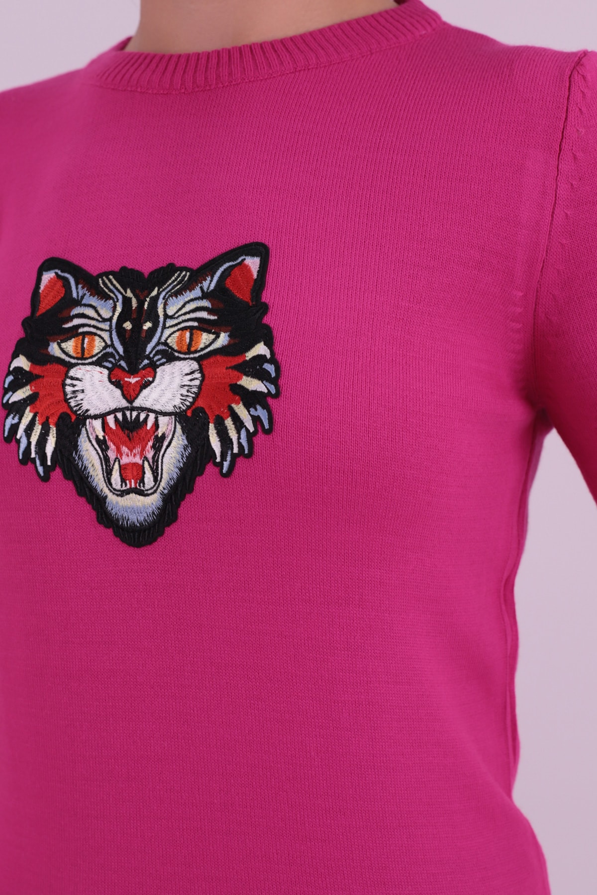 Kadın Fuşya Bisiklet Yaka Aplikeli Kazak ARM-26K136002