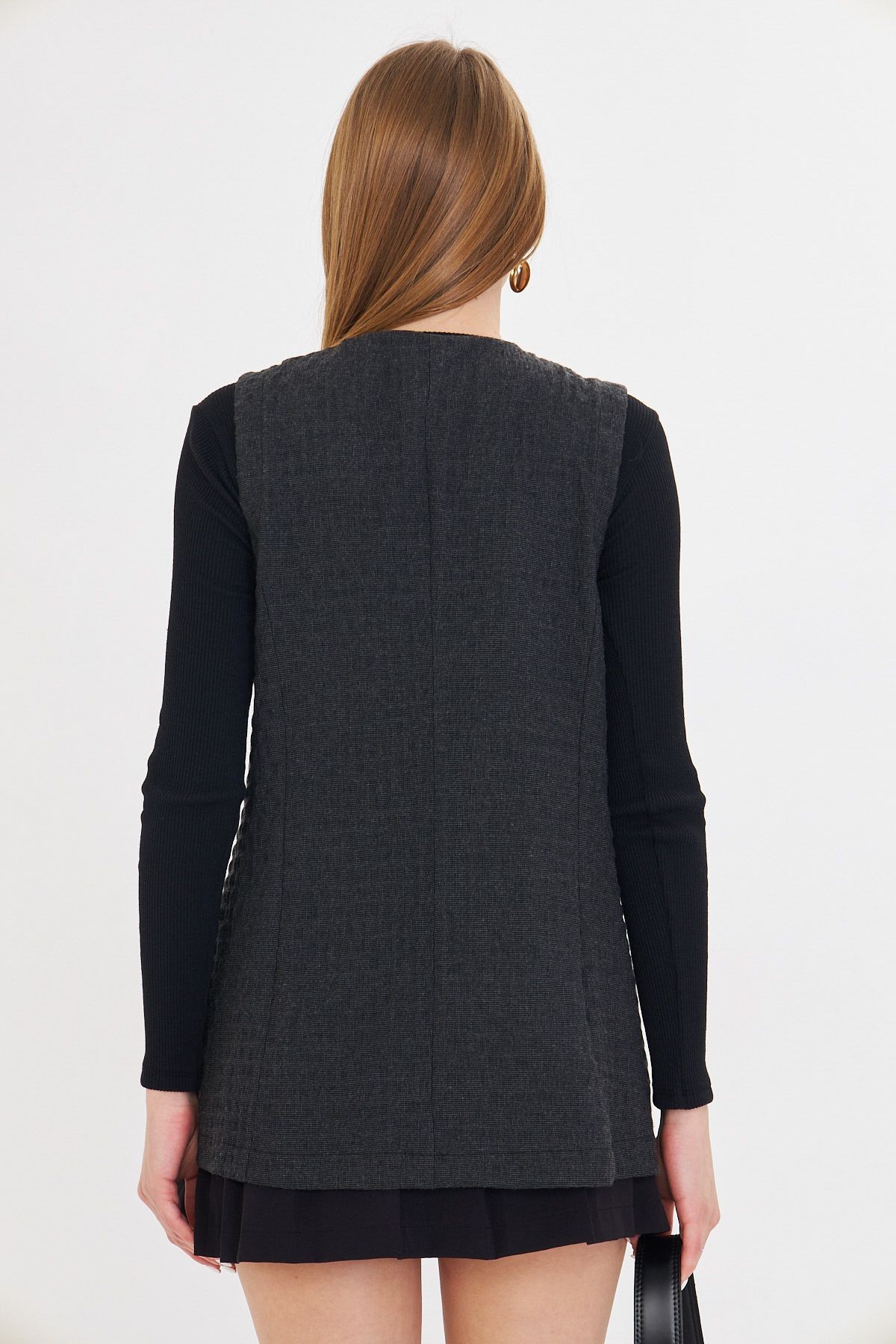 Kadın Füme V Yaka Tek Düğmeli Oversize Desenli Yelek ARM-25K001110