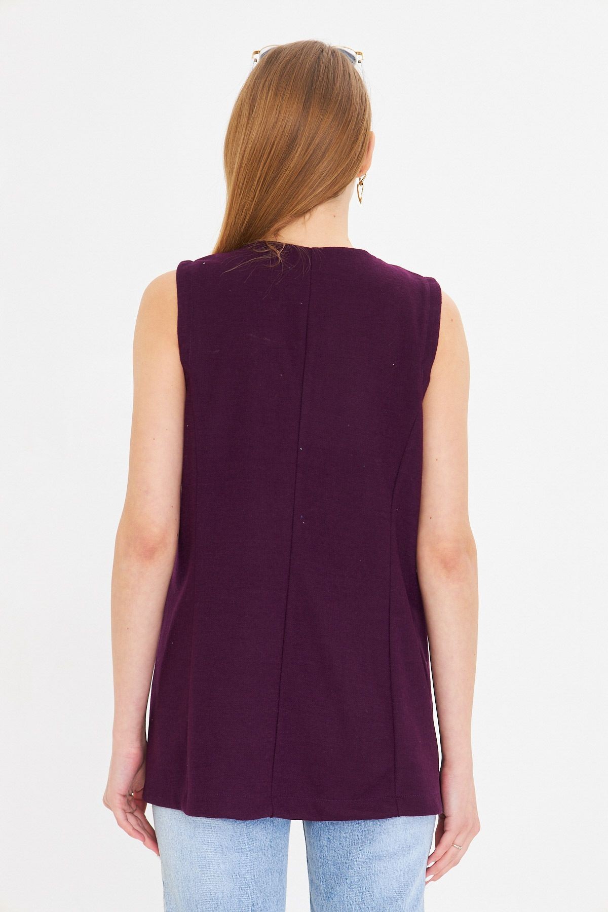 Kadın Mor V Yaka Tek Düğmeli Oversize Desenli Yelek ARM-25K001110