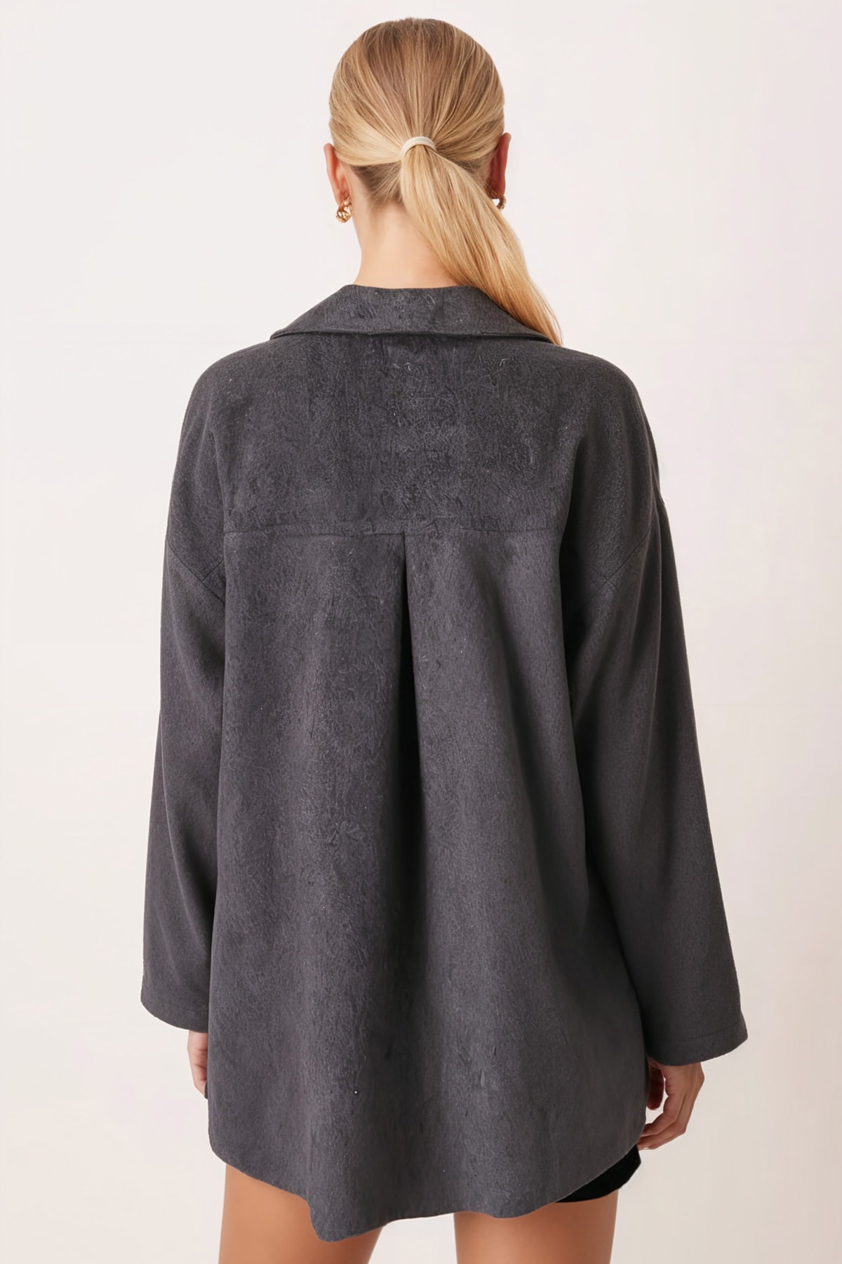Kadın Antrasit Erkek Yaka Yanları Yırtmaçlı Oversize Ceket ARM-26K001009