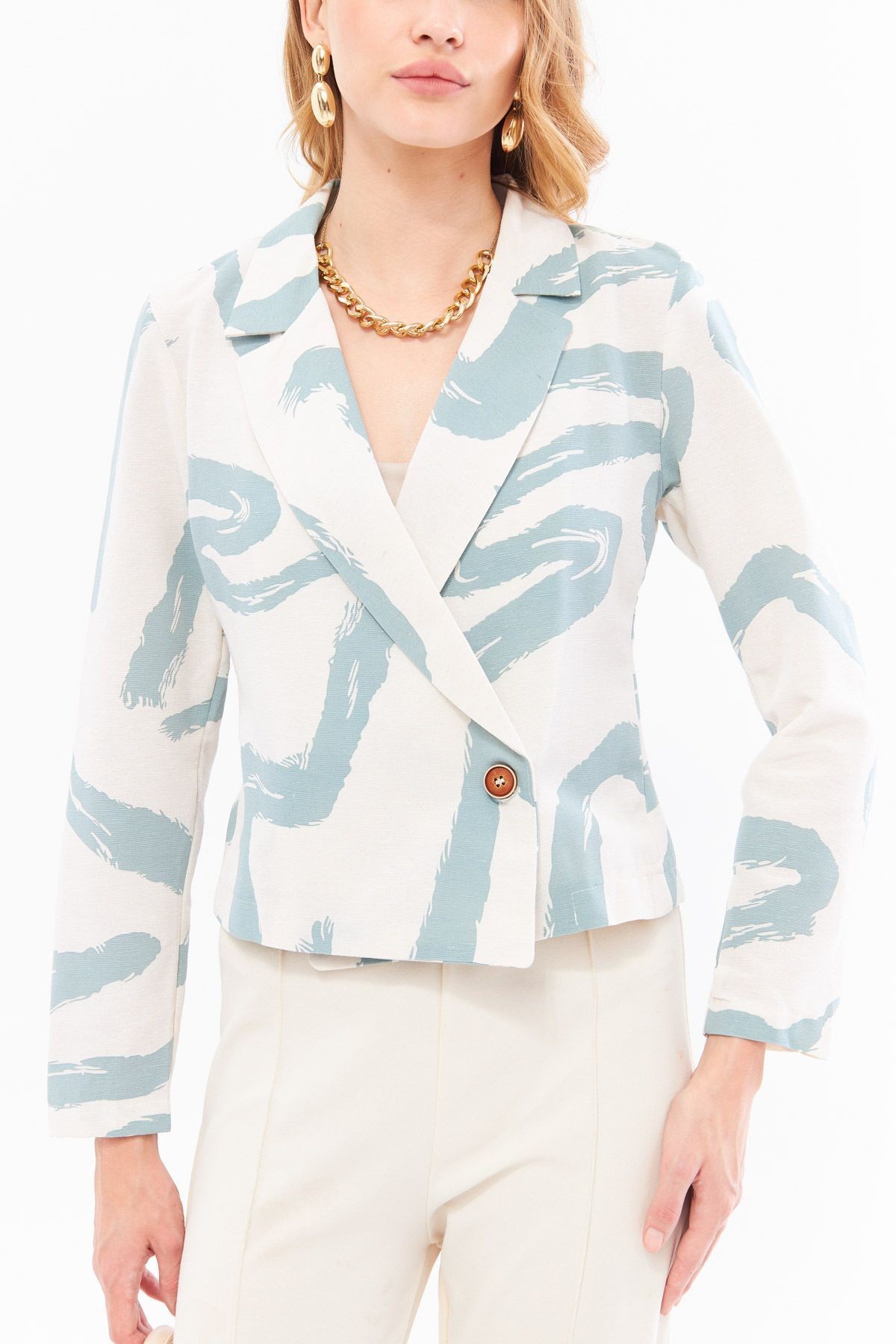 Kadın Mint Kruvaze Yaka Desenli Crop Ceket ARM-24Y001058