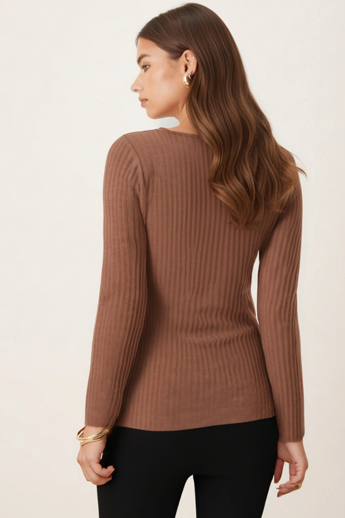 Kadın Vizon V Yaka Uzun Kollu Önü Büzgülü Yumuşak Dokulu Likralı Bluz ARM-26K001014