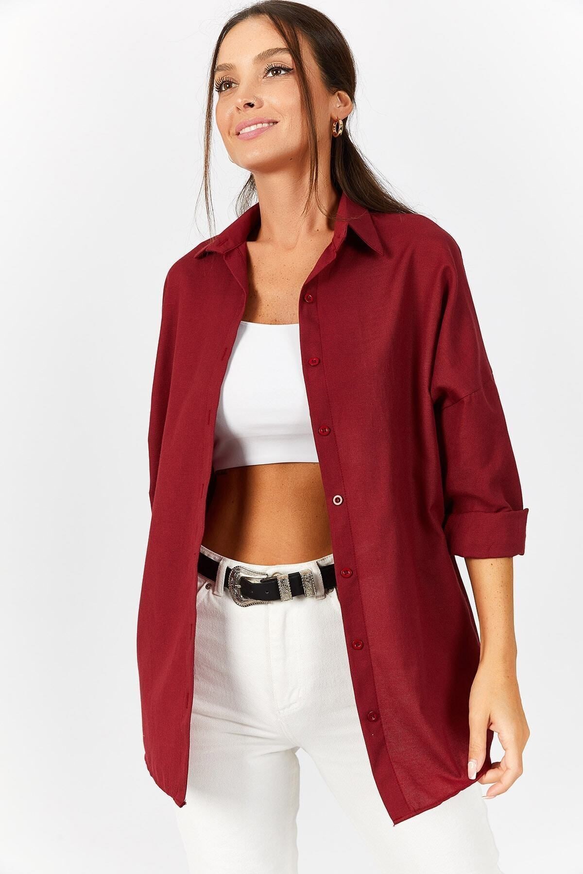 Kadın Bordo Oversize Uzun Basic Gömlek ARM-22Y001118