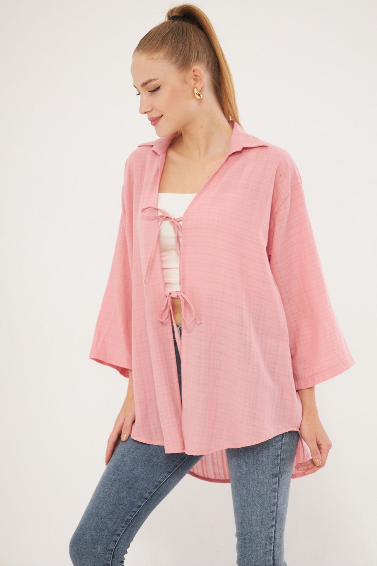 Kadın Pudra Gömlek Yakalı Önden Bağcıklı Kimono Gömlek ARM-25K001006