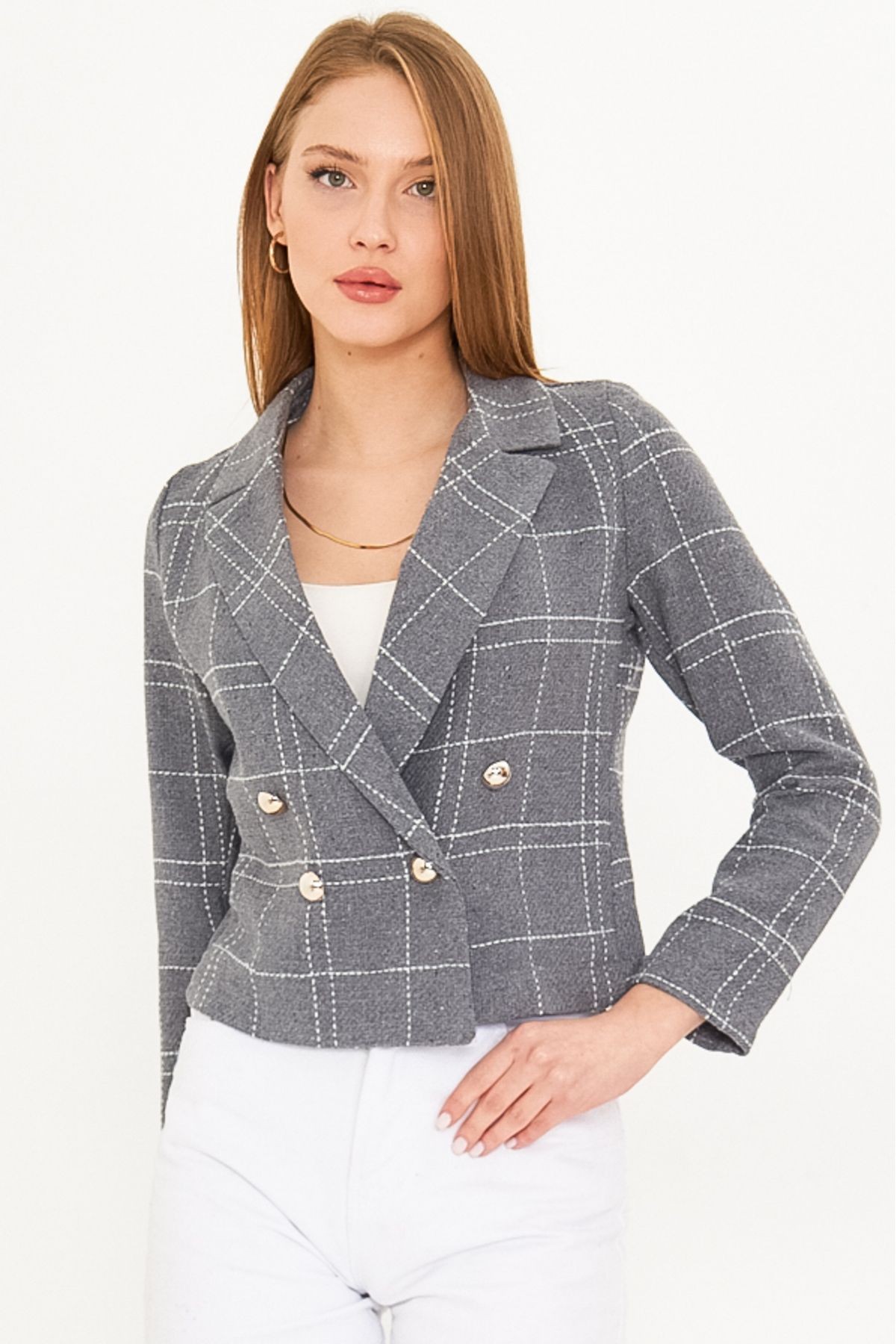 Kadın Gri Melanj Kruvaze Yaka Tüvit Crop Ceket ARM-24K001014