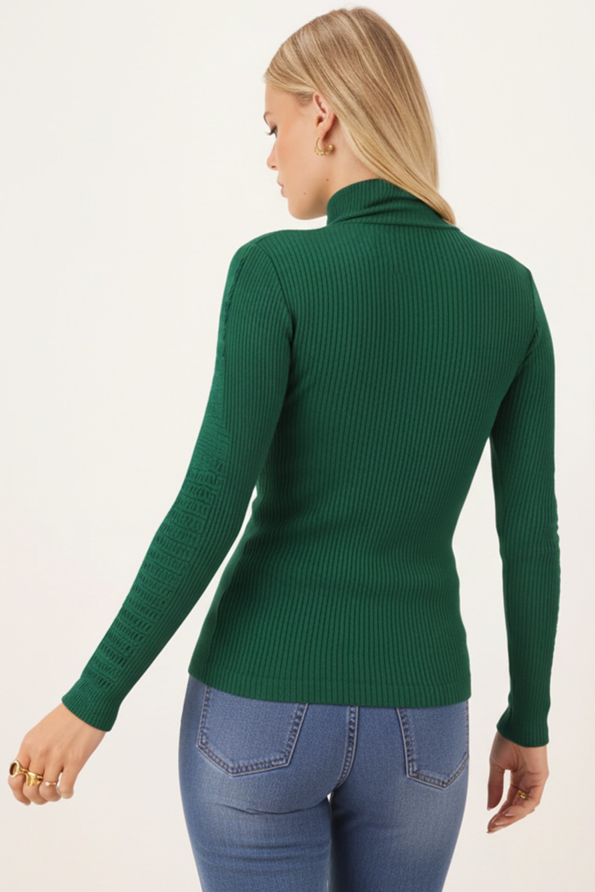 Kadın Yeşil Balıkçı Yaka Kolu Şeritli Yumuşak Dokulu Bluz ARM-26K001043