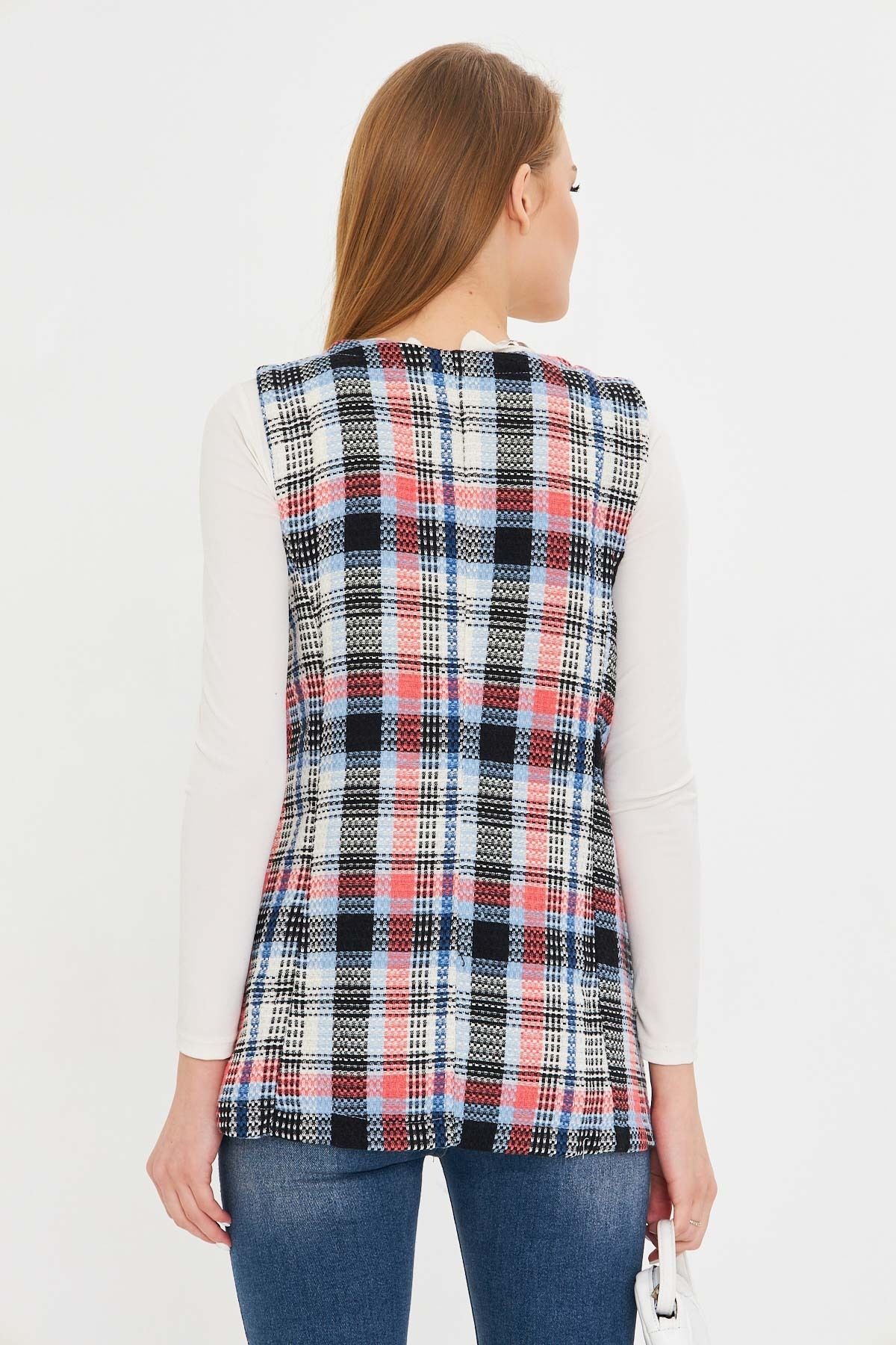 Kadın Bebe Mavi V Yaka Tek Düğmeli Oversize Ekoseli Yelek ARM-25K001111