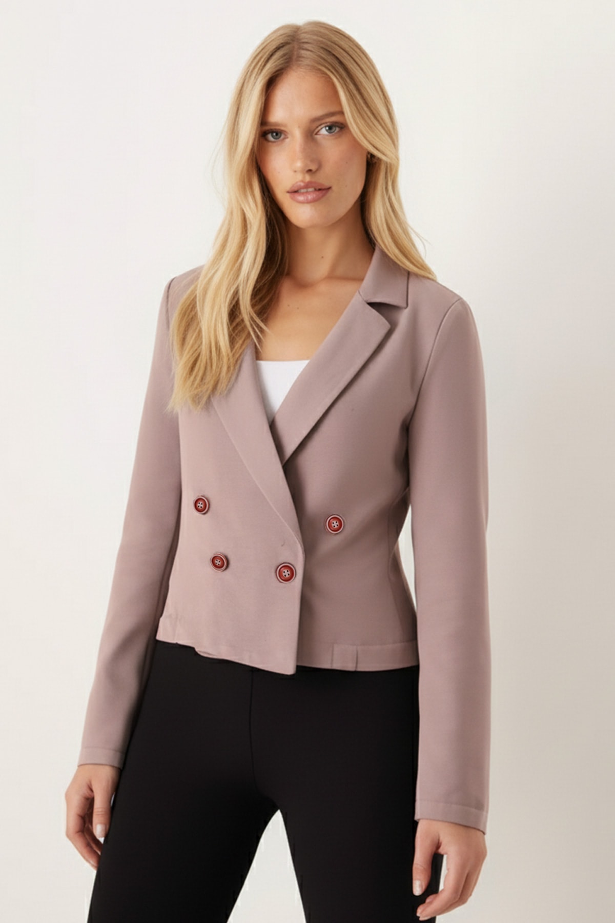 Kadın Vizon Kruvaze Yaka Gabardin Crop Ceket ARM-24Y001010