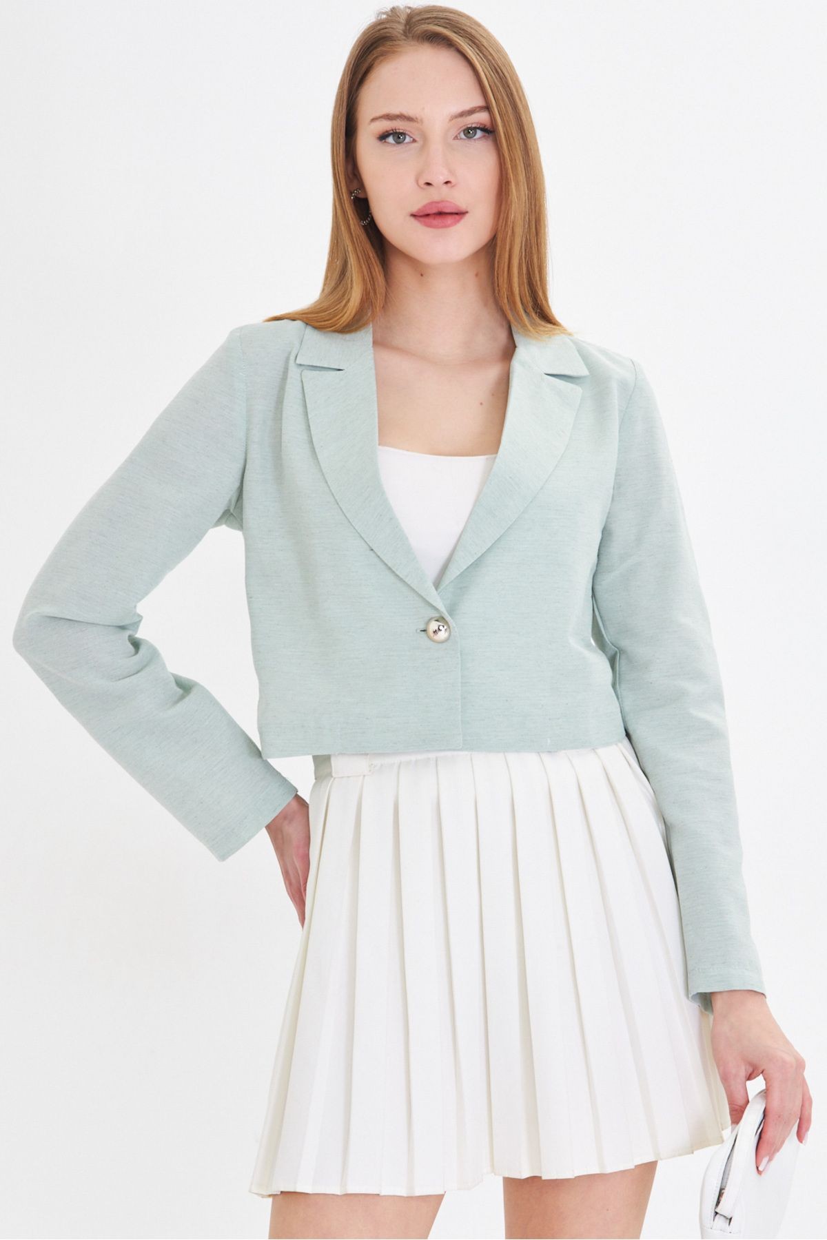 Kadın Mint Tek Düğmeli Crop Ceket Arm-23y001064
