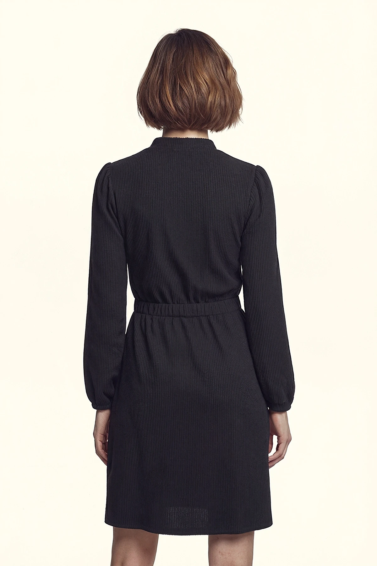 Kadın Lacivert Kadife V Yaka Beli Lastikli İnce Fitilli Kloş Elbise ARM-25K001049