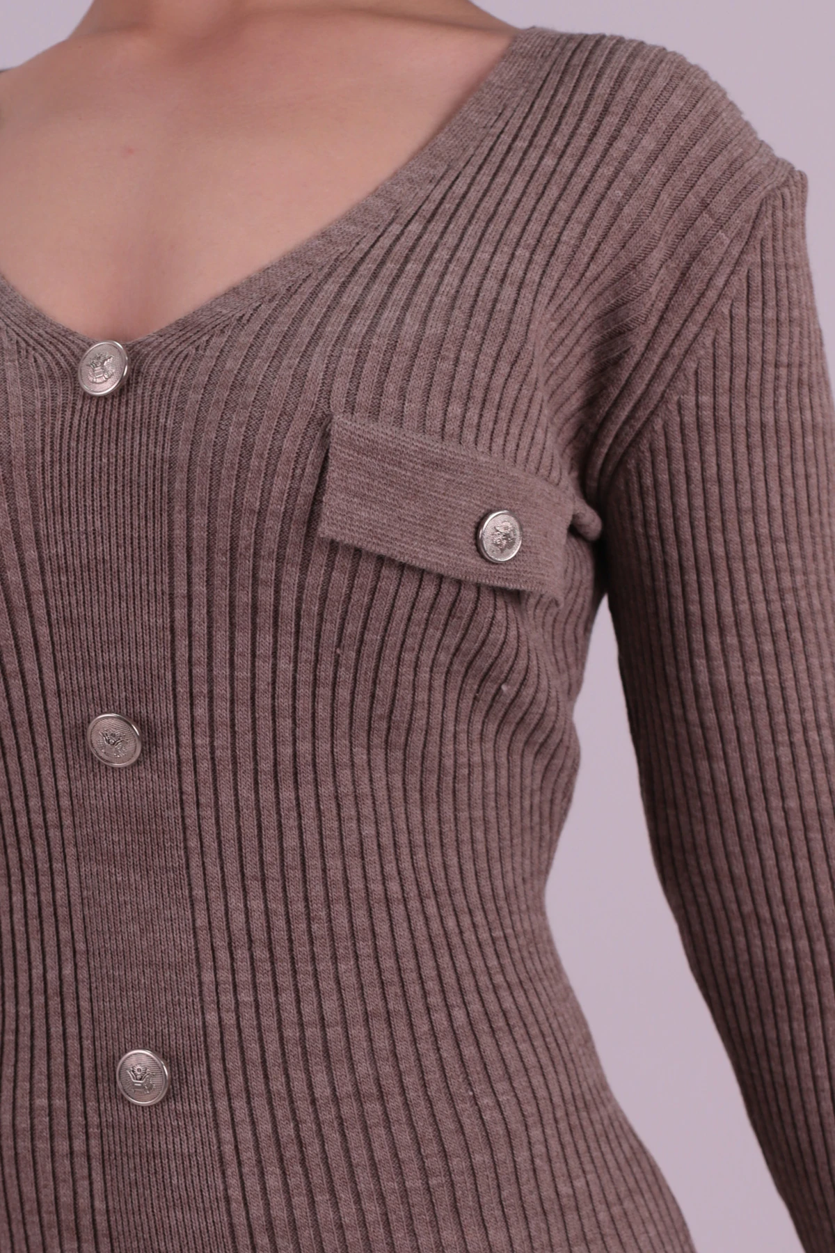 Kadın Vizon V Yaka Önü Yırtmaçlı Düğme Detaylı Triko Elbise ARM-26K136074