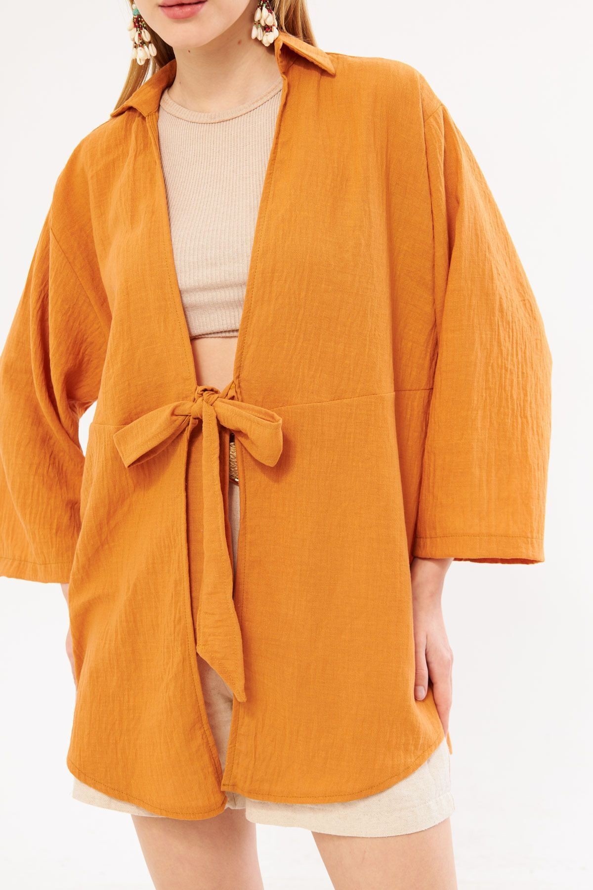 Kadın Kiremit Keten Görünümlü Önden Bağlamalı Kimono Gömlek ARM-24Y001063