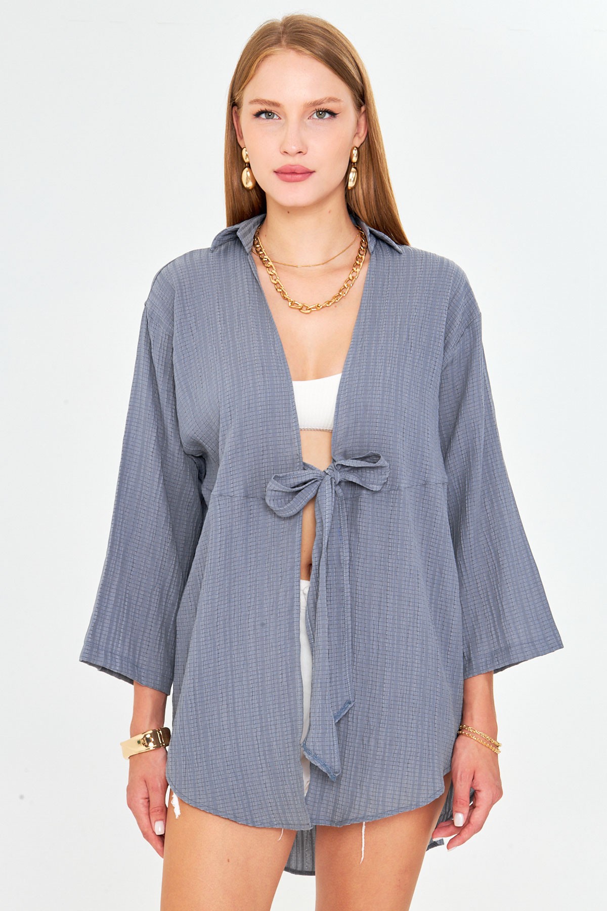 Kadın Gri Kendinden Çizgili Önden Bağlamalı Kimono Gömlek ARM-24Y001101