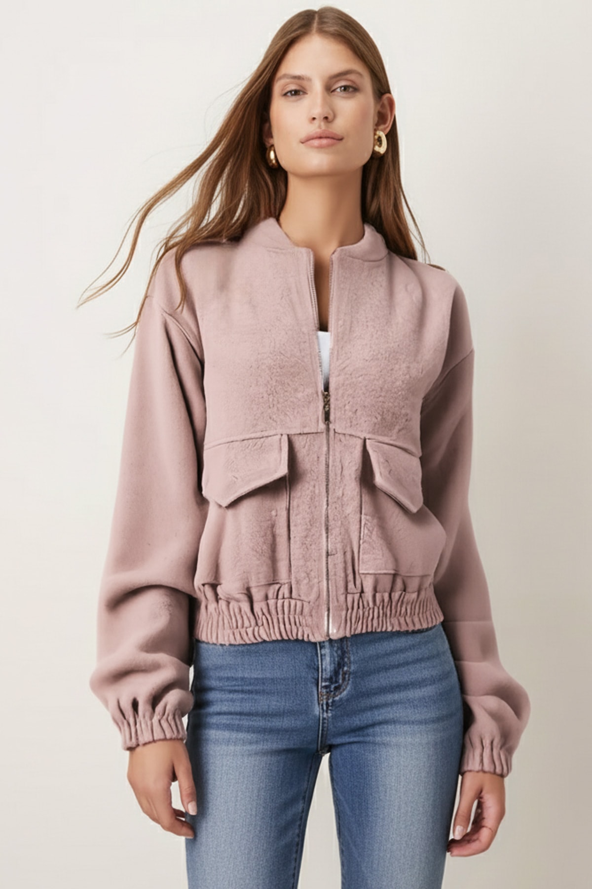 Kadın Bej Cepli Kolları Ve Beli Lastikli Bomber Kaşe Mont ARM-26K001027