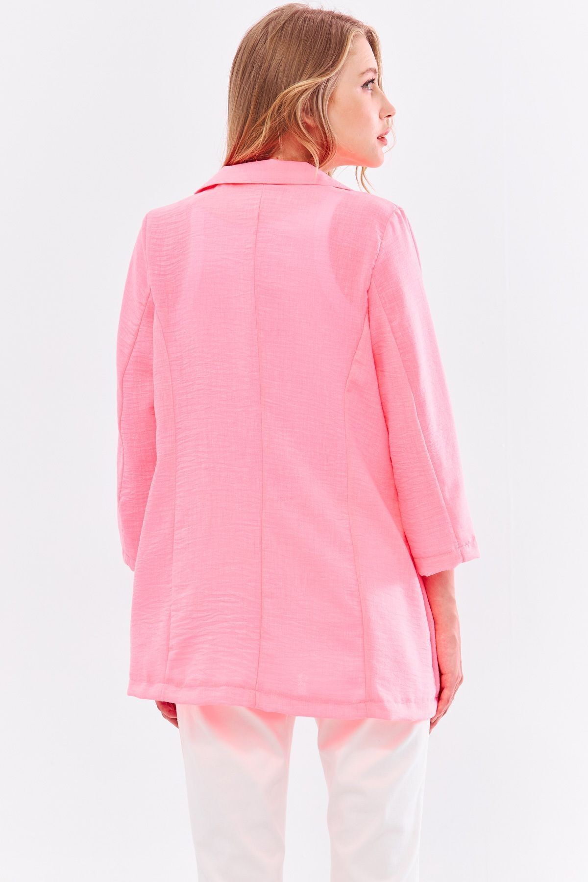 Kadın Neon Pembe Keten Görünümlü Cepli Oversize Ceket ARM-24Y001065