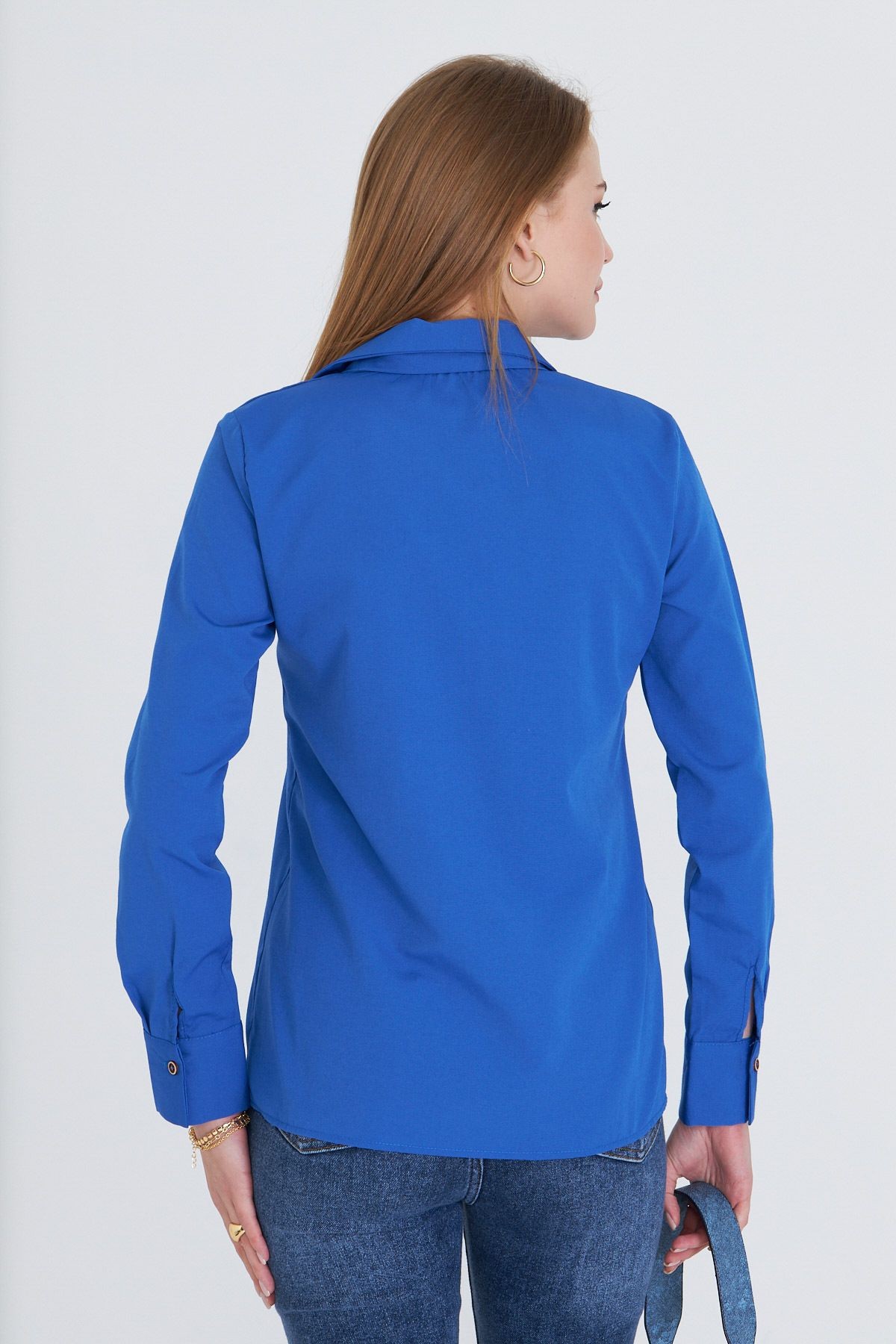 Kadın Saks Kravat Detaylı Gömlek ARM-25Y001030