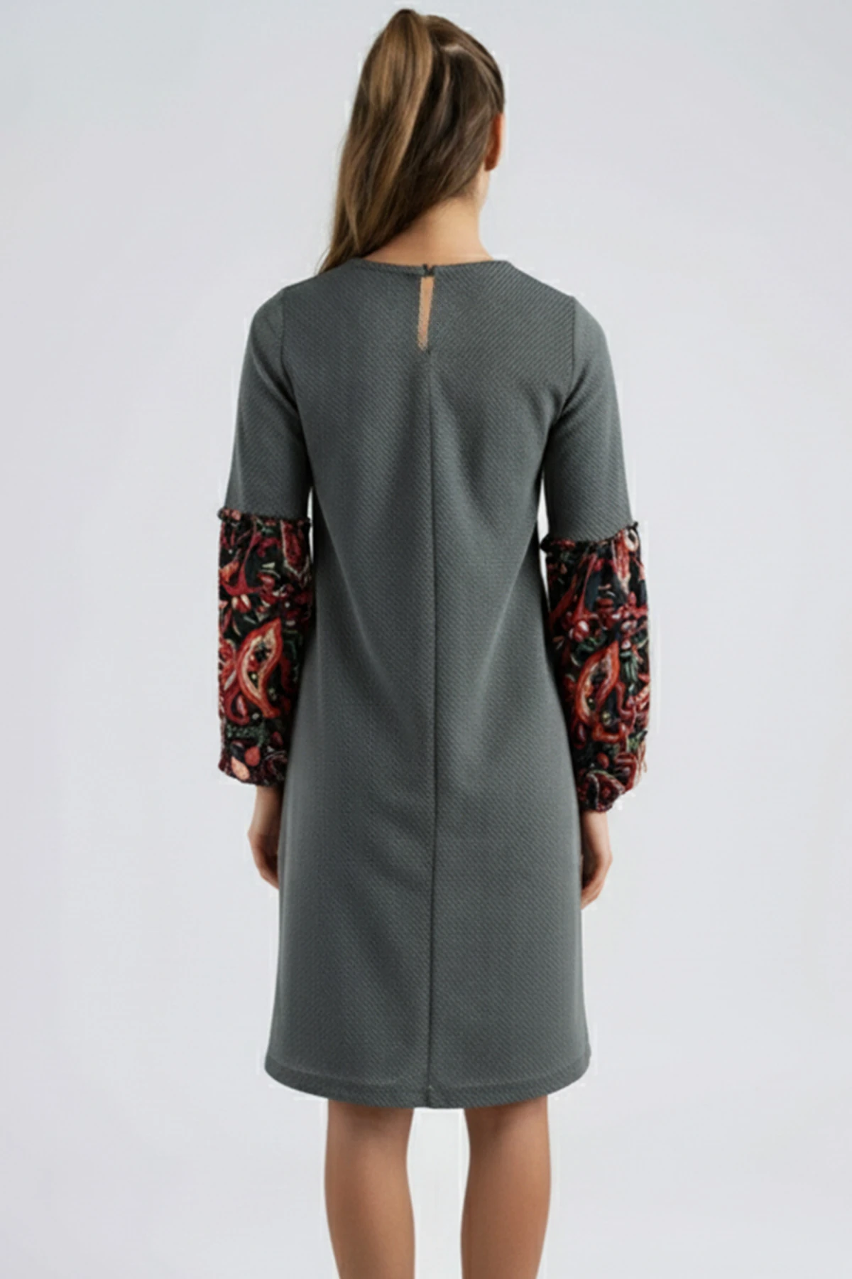 Kadın Yeşil Desenli Balon Kol Elbise ARM-26K001051