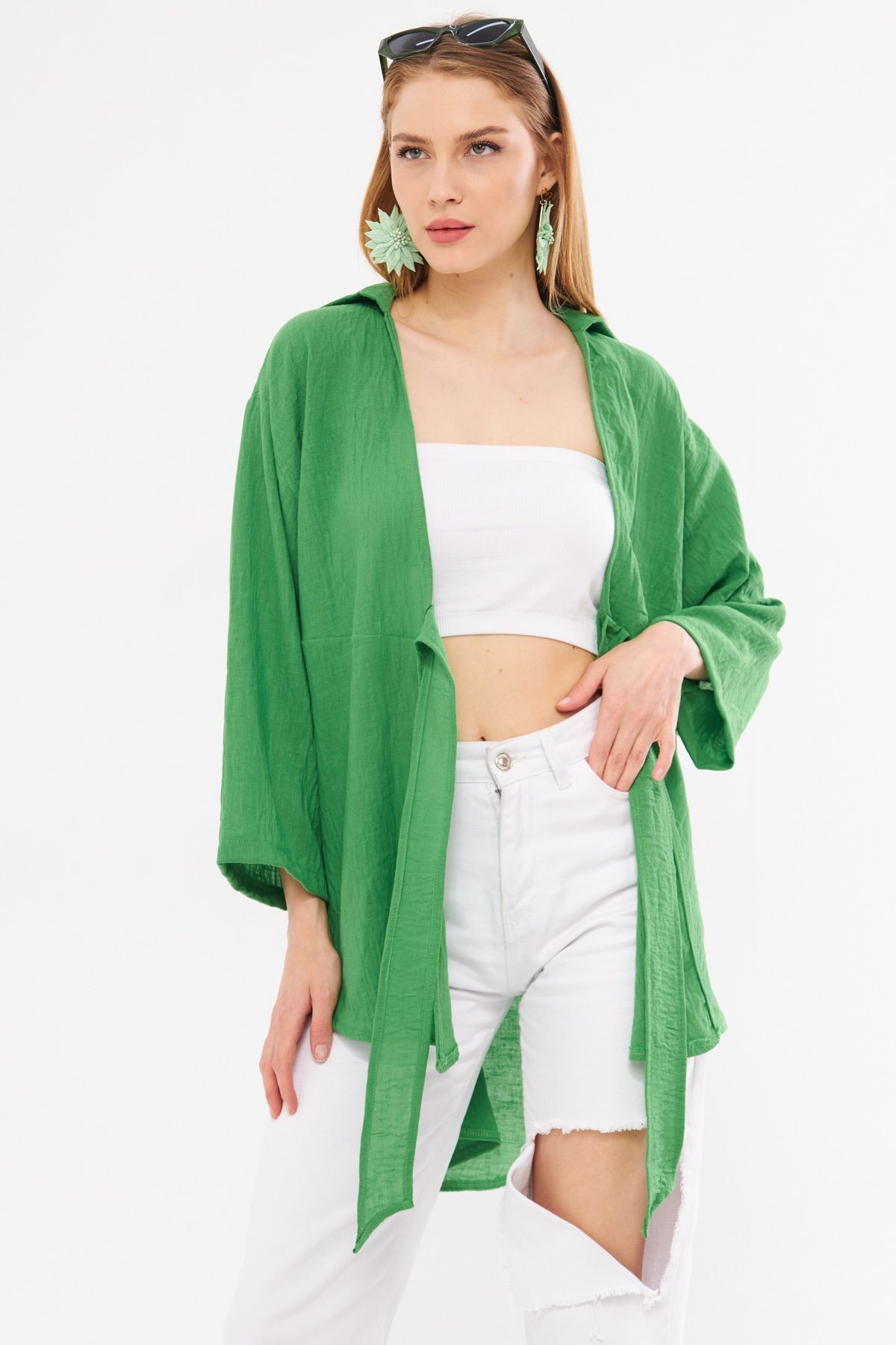 Kadın Yeşil Keten Görünümlü Önden Bağlamalı Kimono Gömlek ARM-24Y001063