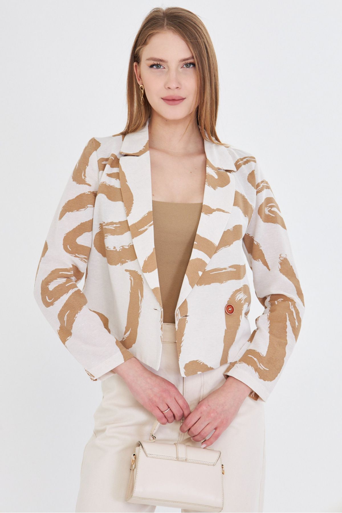 Kadın Vizon Kruvaze Yaka Desenli Crop Ceket ARM-24Y001058