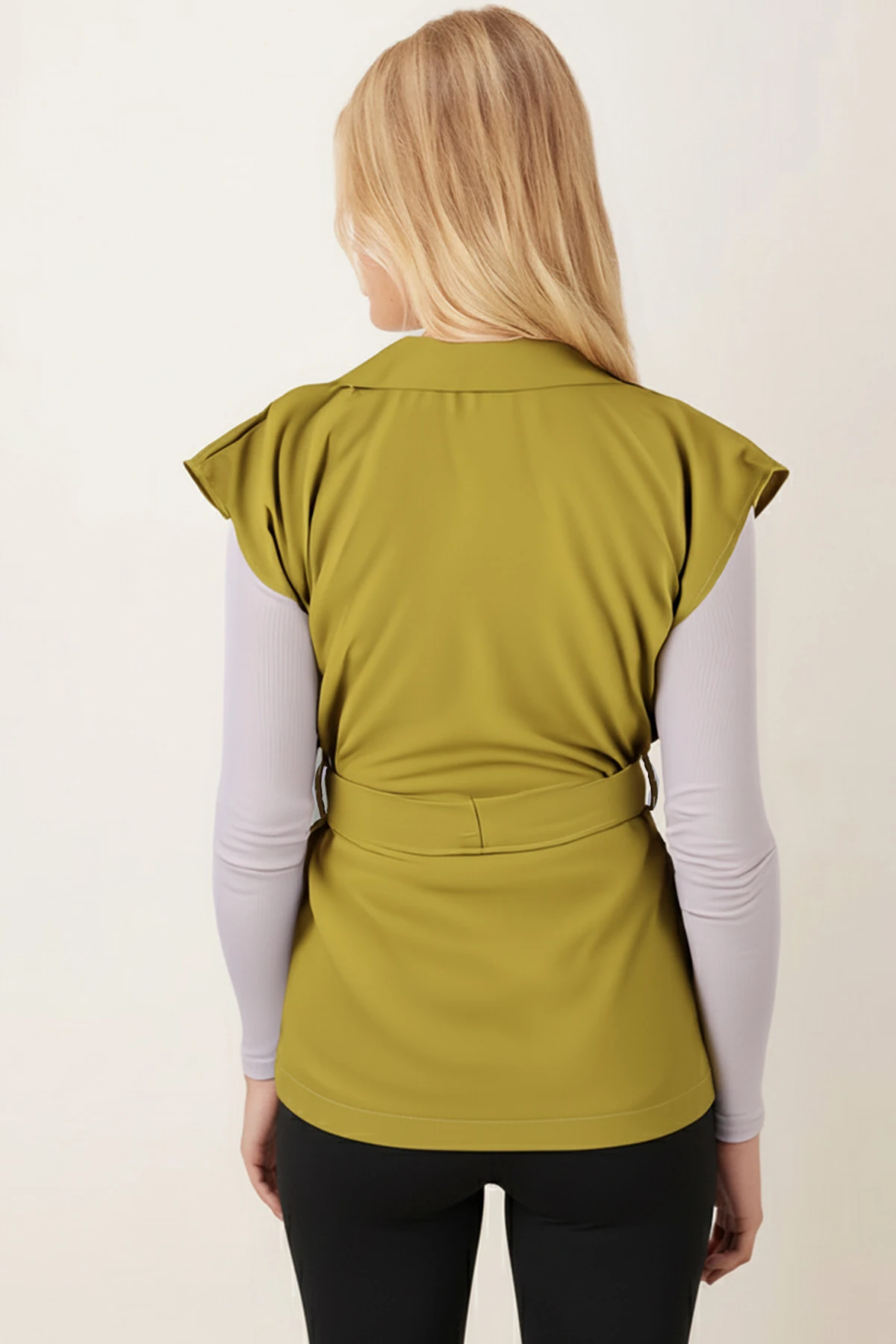 Kadın Yağ Yeşili Erkek Yaka Beli Kuşaklı Keten Görünümlü Yelek ARM-25Y001079