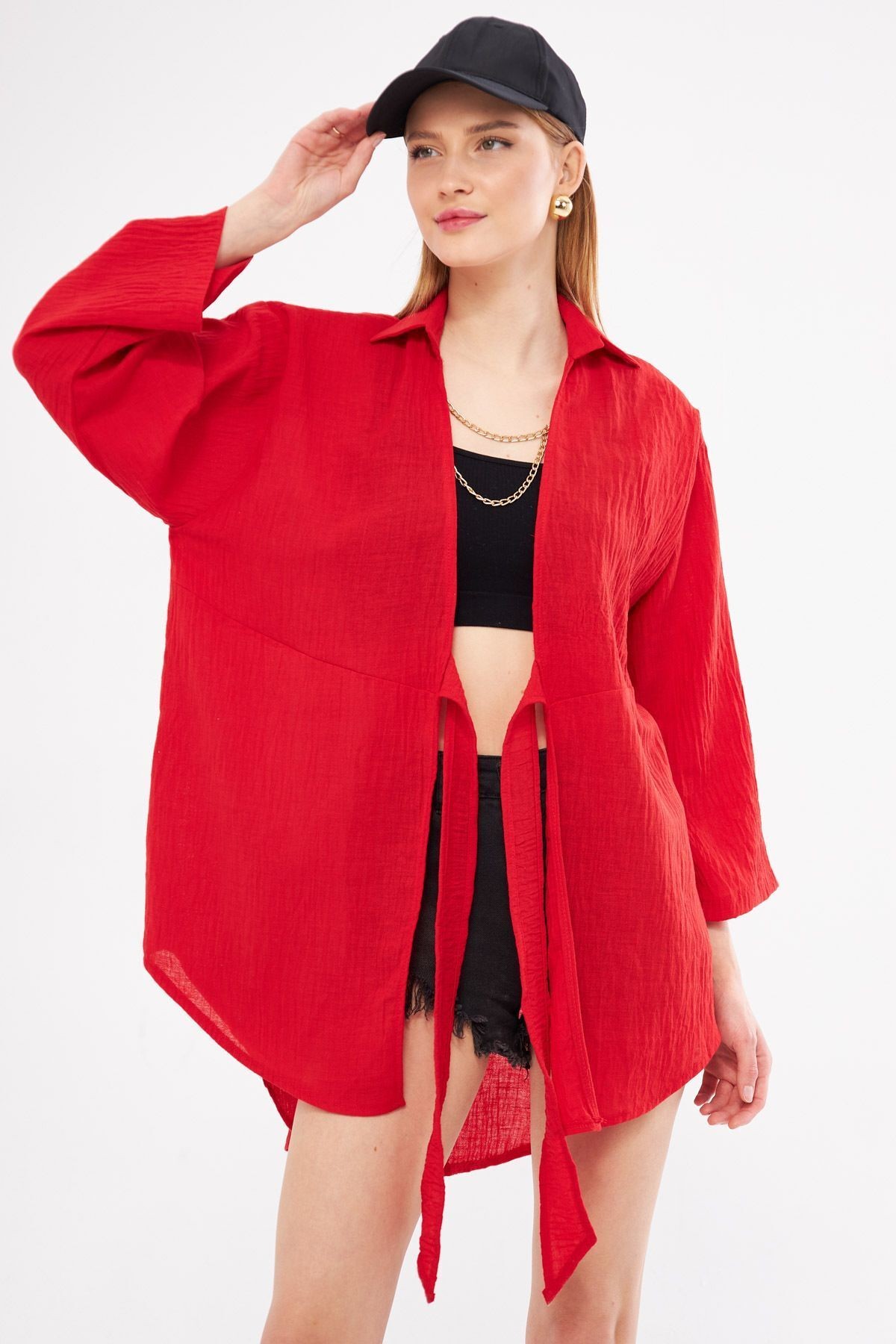 Kadın Kırmızı Keten Görünümlü Önden Bağlamalı Kimono Gömlek ARM-24Y001063