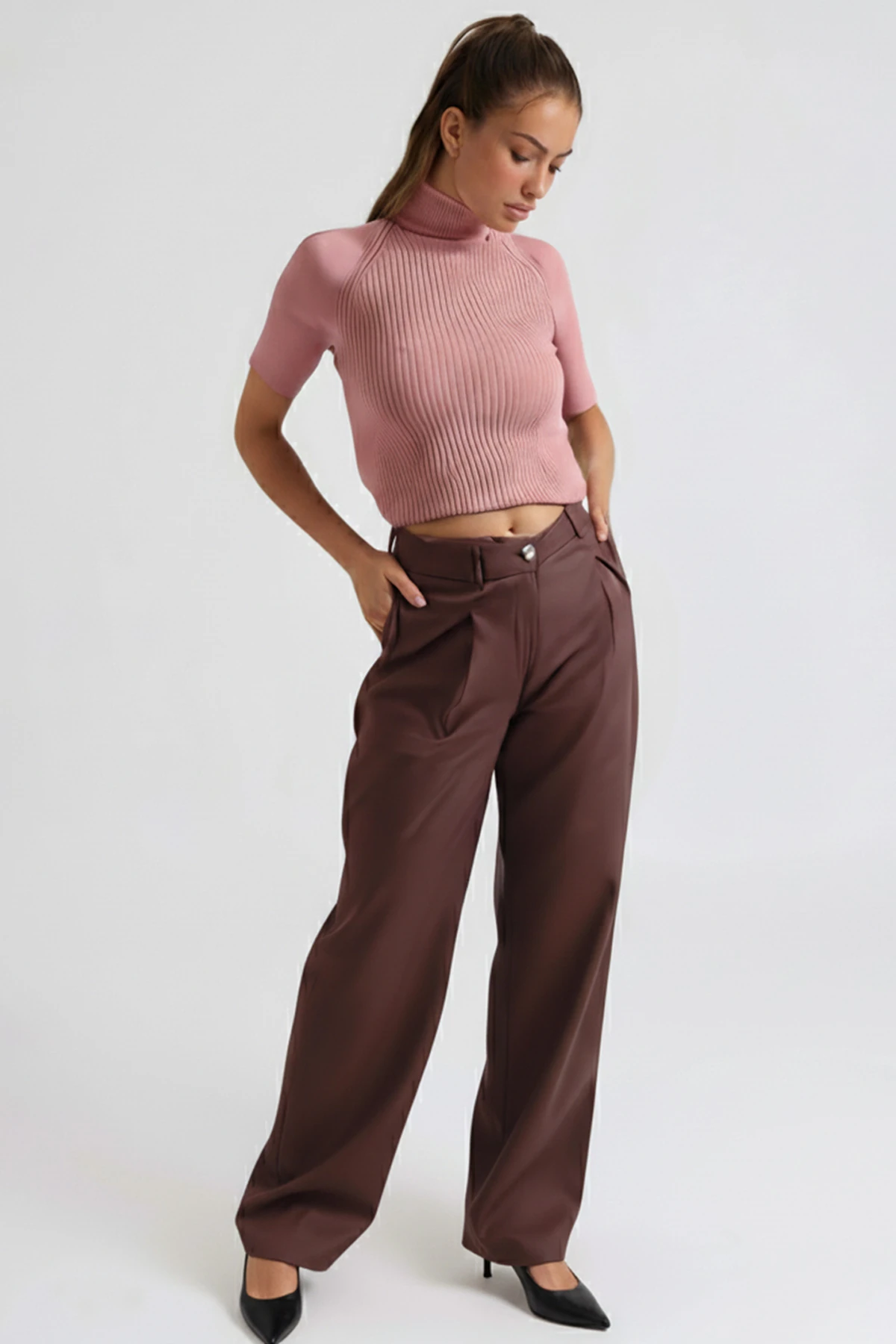 Kadın Vizon Yüksek Bel Önden Pile Detaylı Bol Paça Pantolon ARM-26K136041