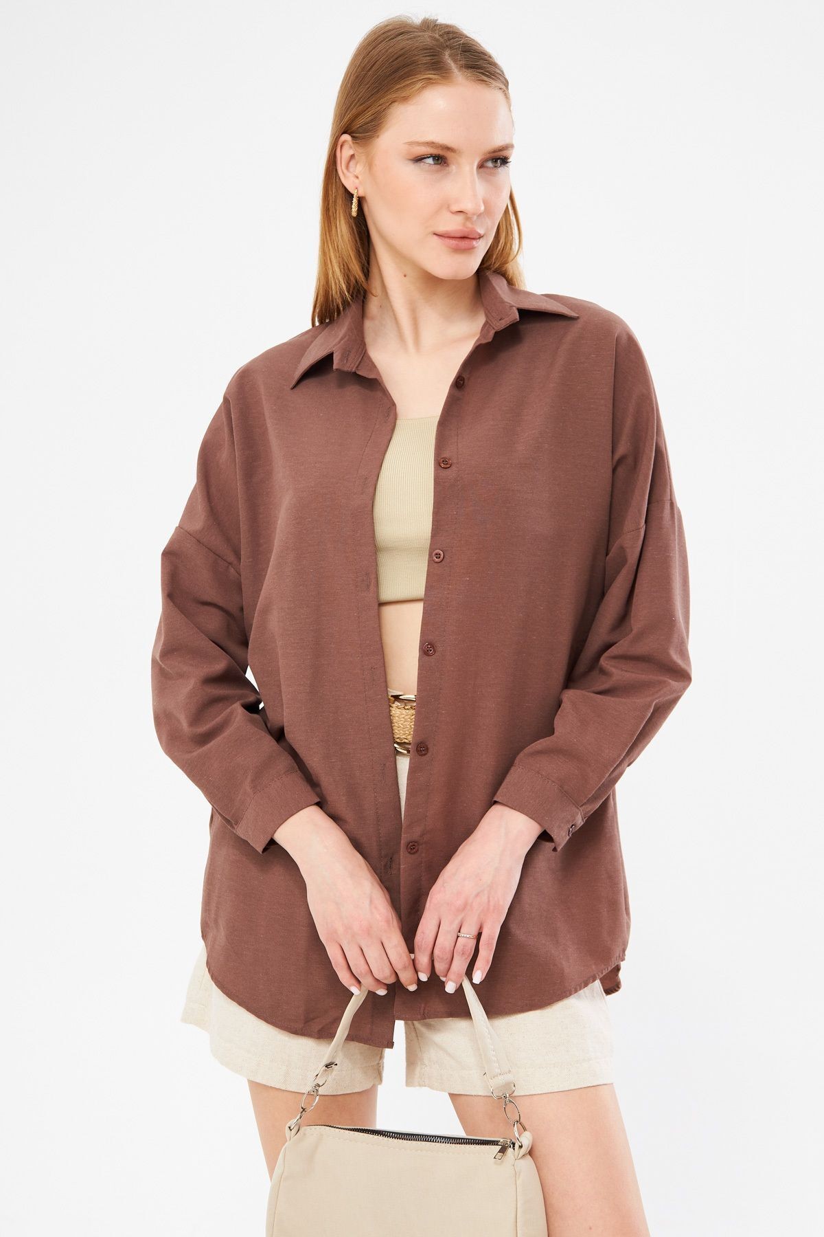 Kadın Kahve Oversize Uzun Basic Gömlek ARM-22Y001118