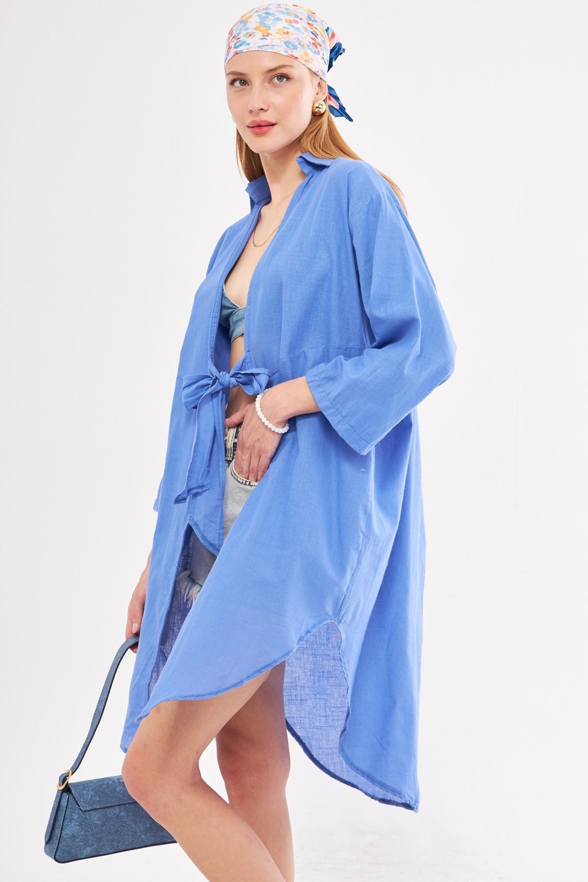 Kadın İndigo Önden Bağlamalı İnce Keten Kumaş Midi Boy Kimono Gömlek ARM-24Y001081