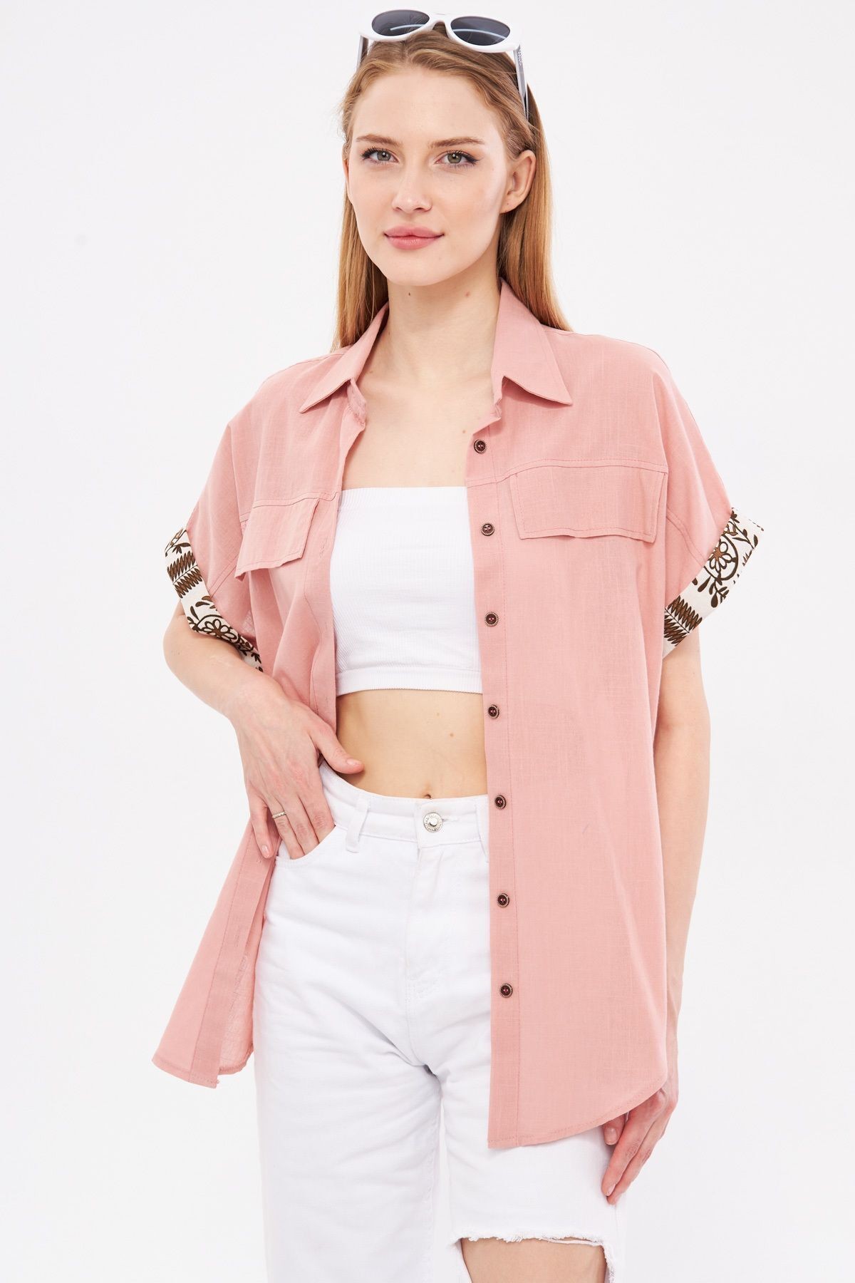 Kadın Gül Kurusu Oversize Duble Kol Detaylı Gömlek ARM-24Y001075
