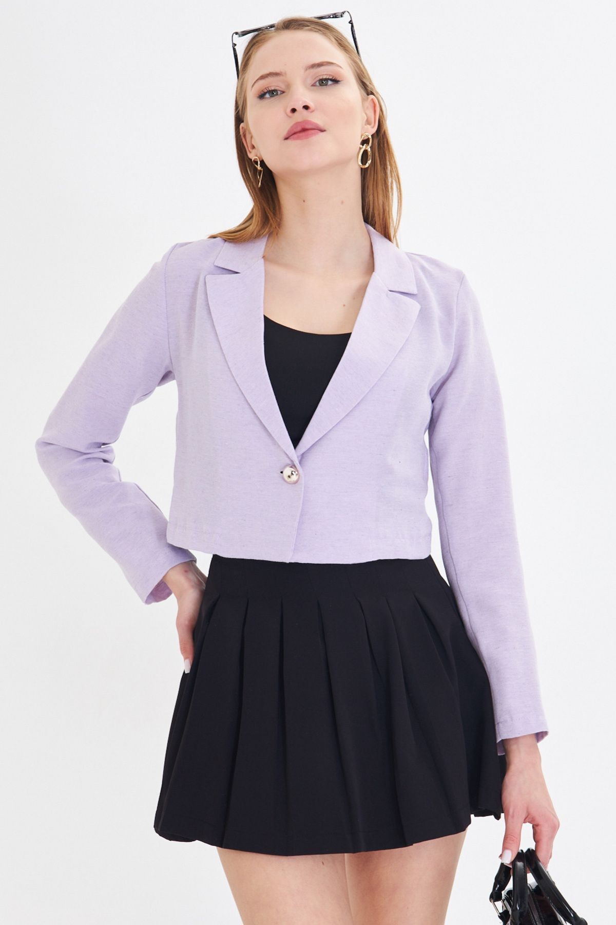 Kadın Lila Tek Düğmeli Crop Ceket Arm-23y001064