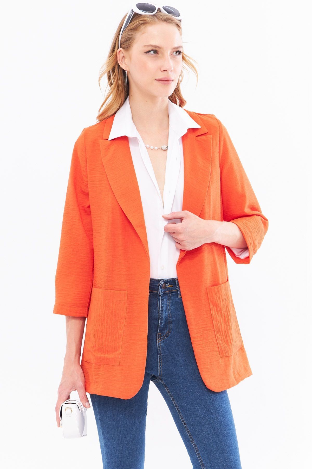 Kadın Oranj Keten Görünümlü Cepli Oversize Ceket ARM-24Y001065