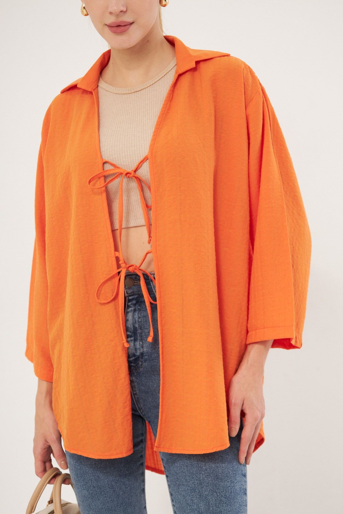 Kadın Turuncu Gömlek Yakalı Önden Bağcıklı Kimono Gömlek ARM-25K001006