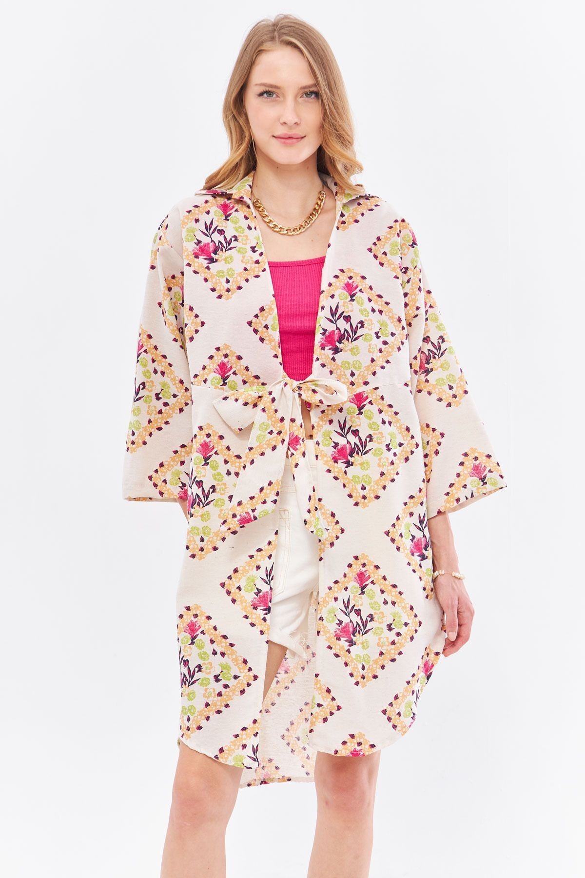 Kadın Açık Fuşya Keten Görünümlü Desenli Önden Bağlamalı Midi Boy Kimono Gömlek ARM-24Y001096